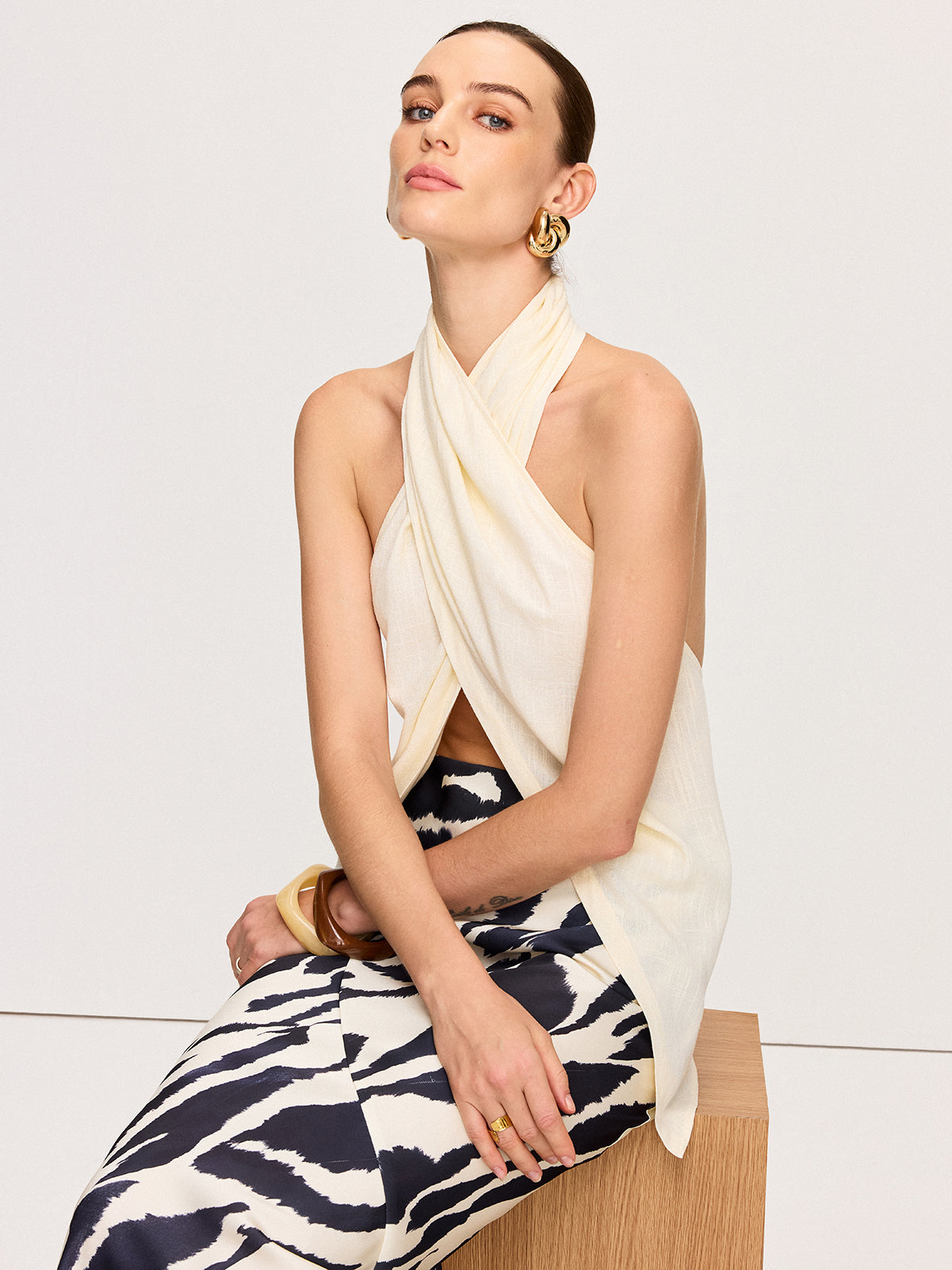 Cross-Halter Neck Wrap Top with Button Detail