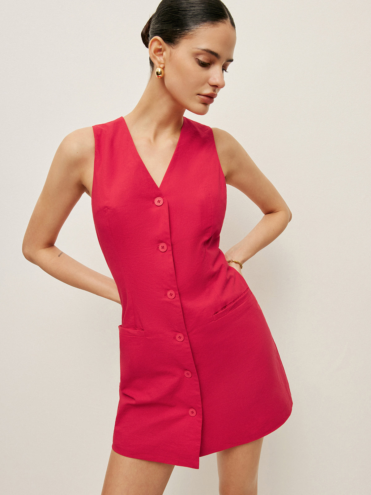 Cotton Buttoned Pockets Dress