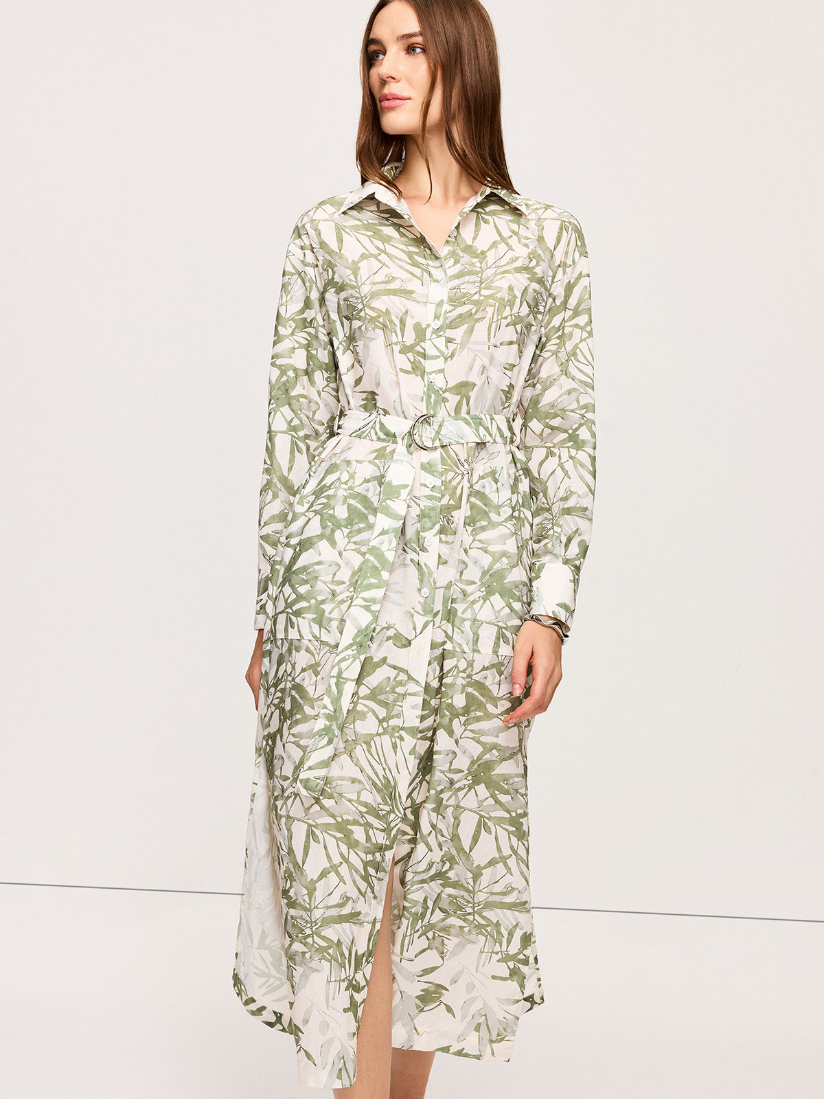 Leaf Printed  Belted Midi Dress with Slits