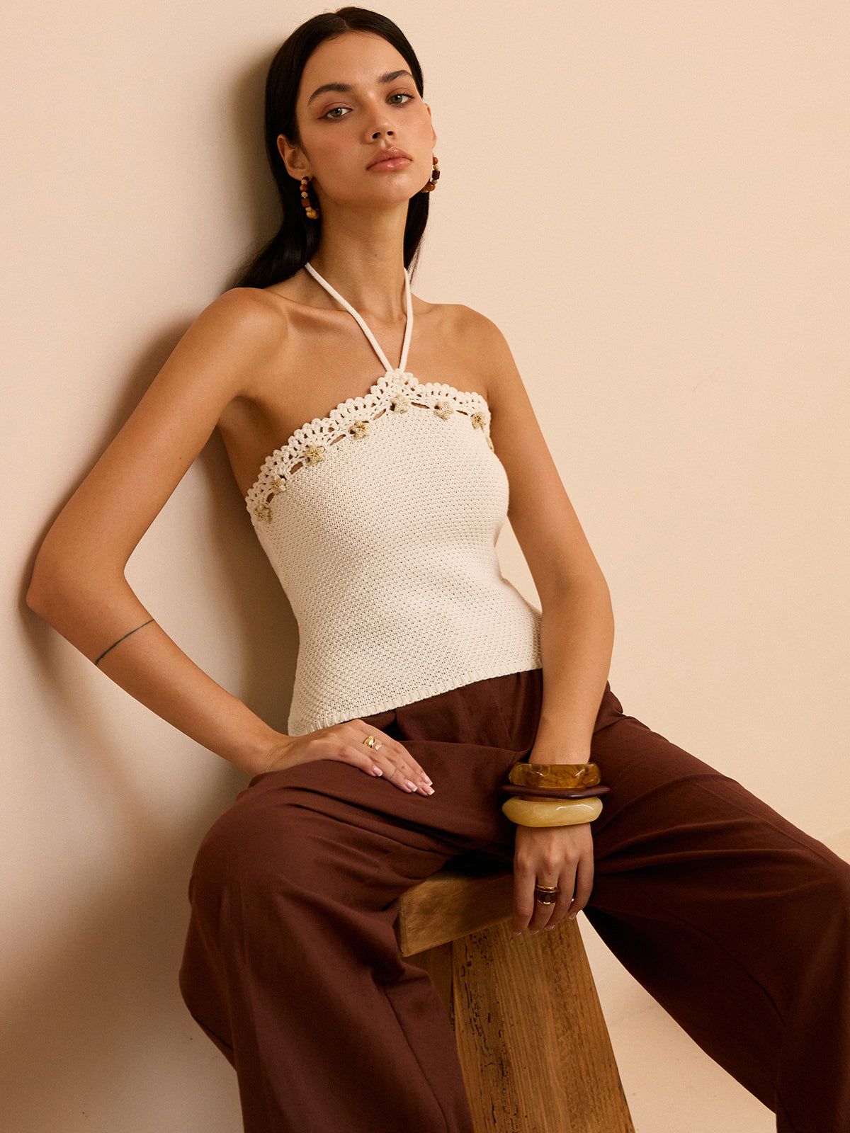 Crochet Halter Top with Floral Trim