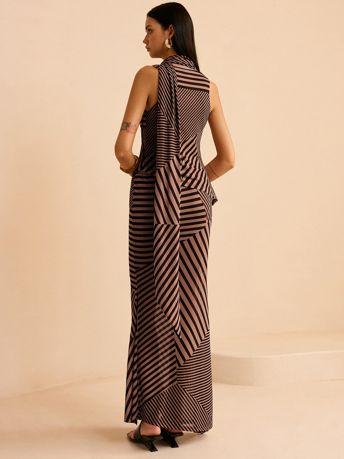 Striped Draped Neckline Skirt Set