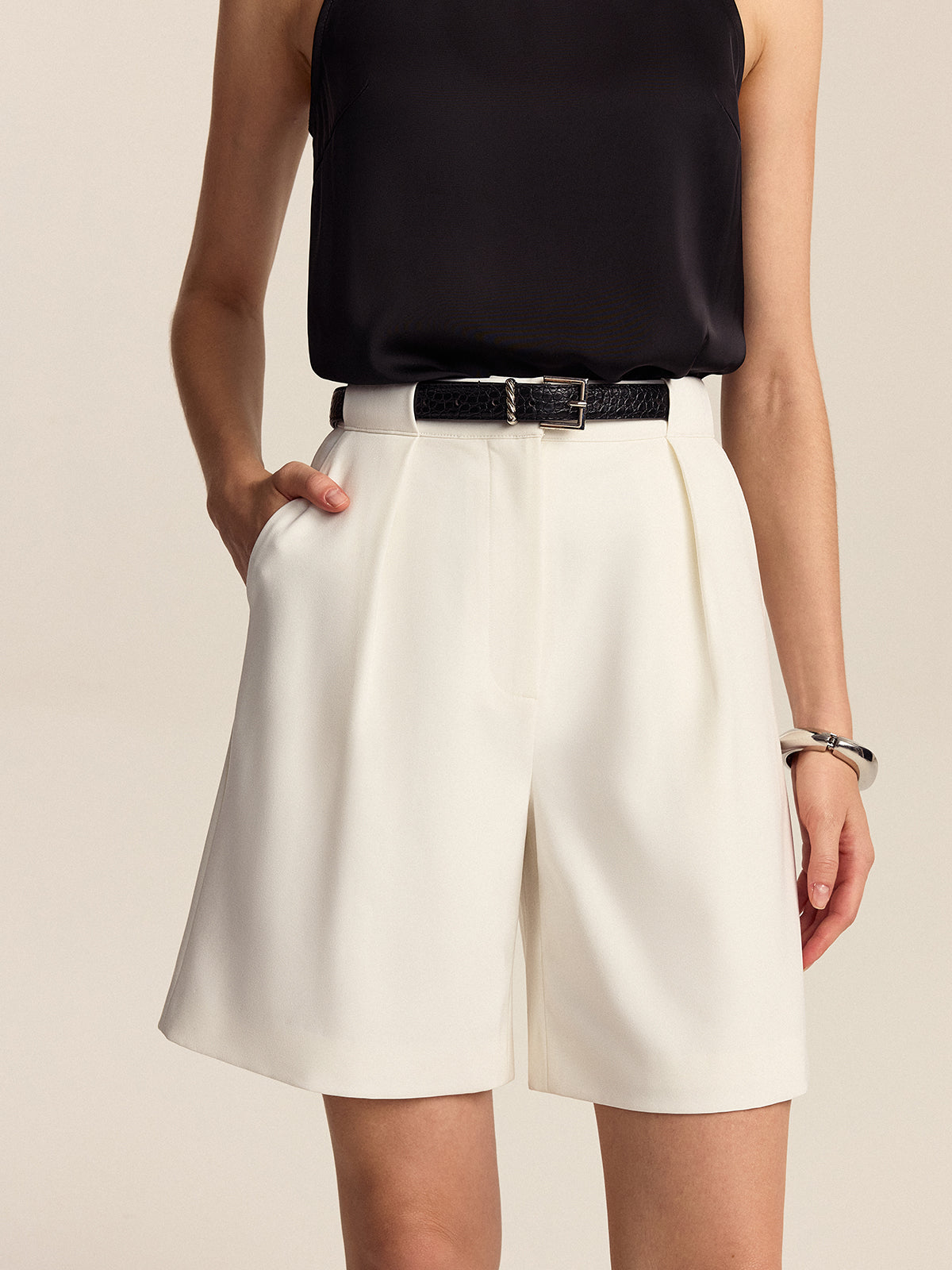 Belted Pleated High-Waisted Shorts