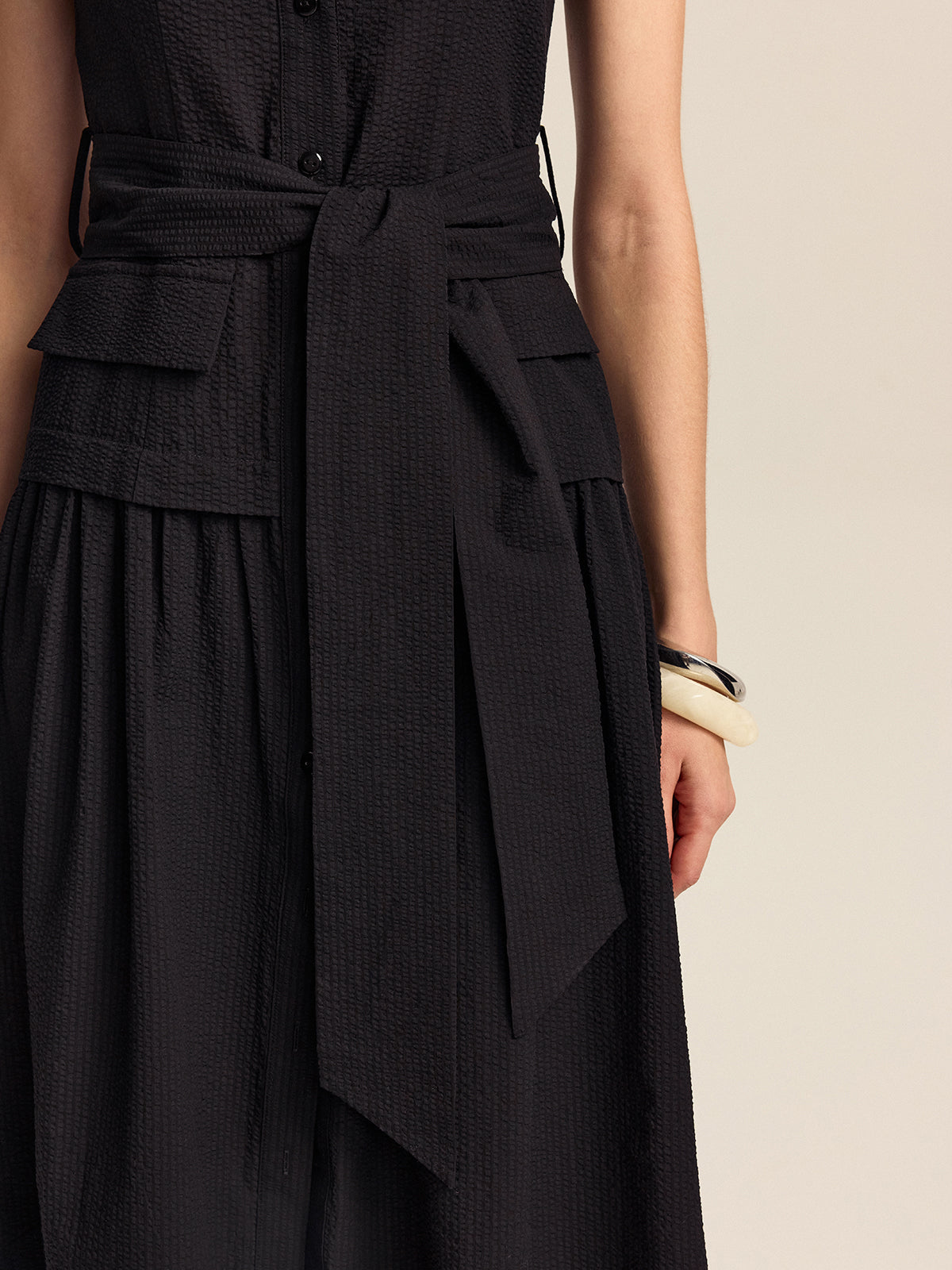 Button-Front Midi Dress with Belt