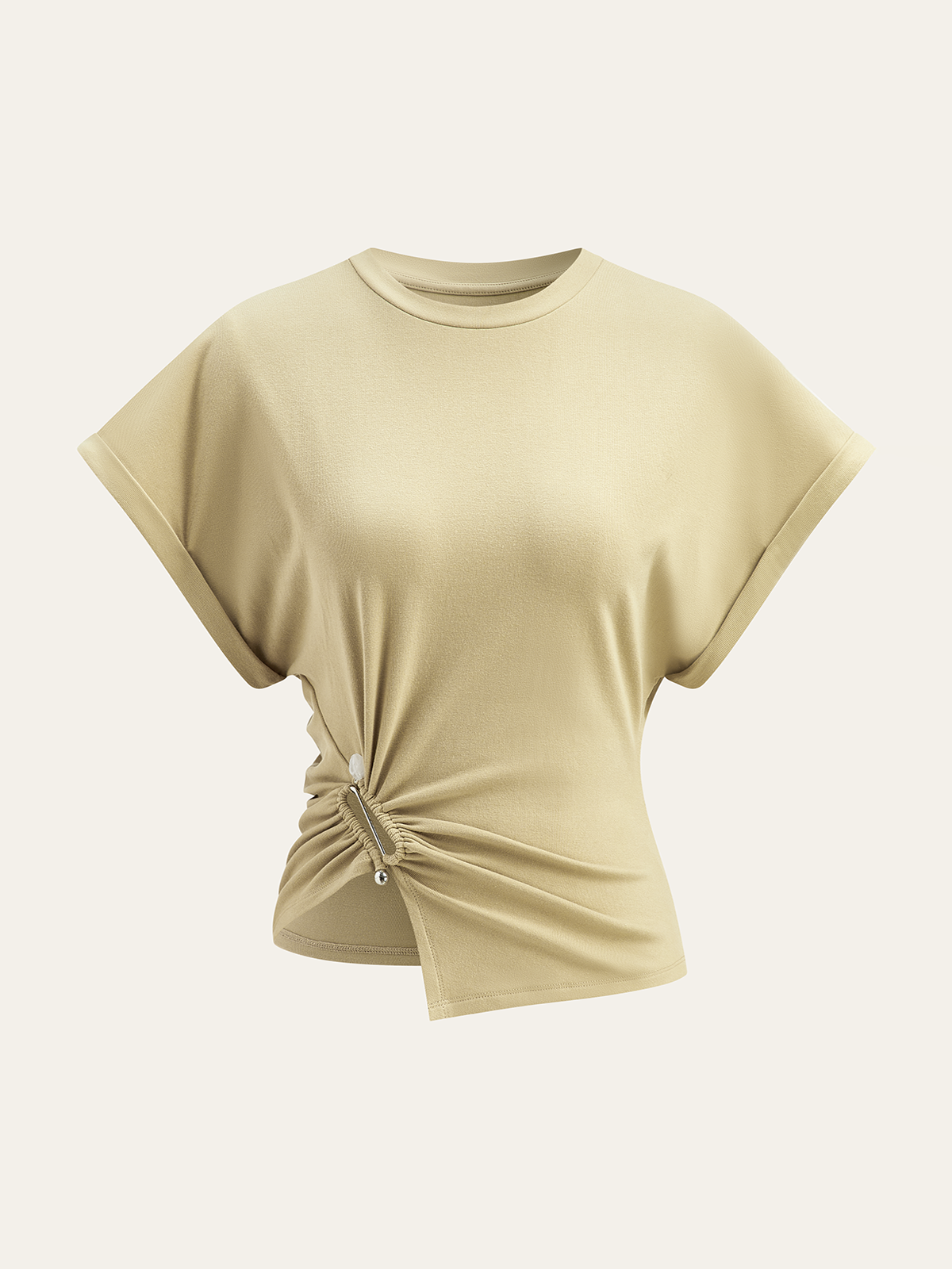 Asymmetrical Ruched Top with Decorative Pin