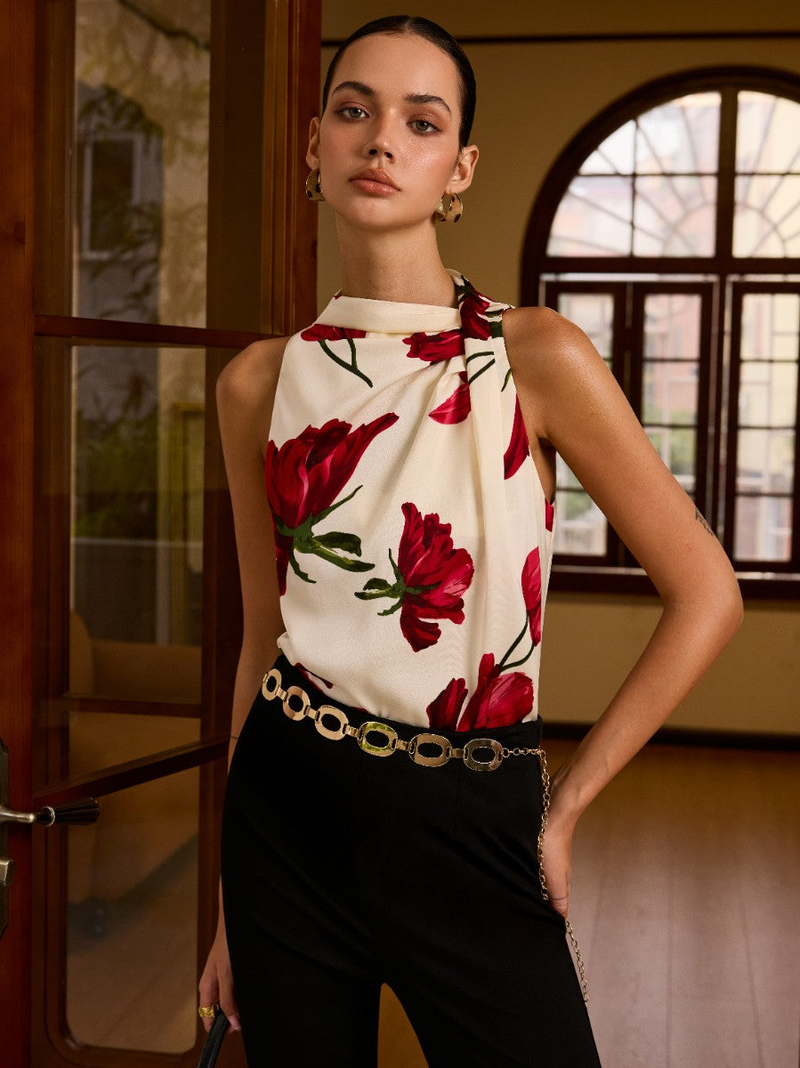 Floral Print Sleeveless Blouse with Knot Detail