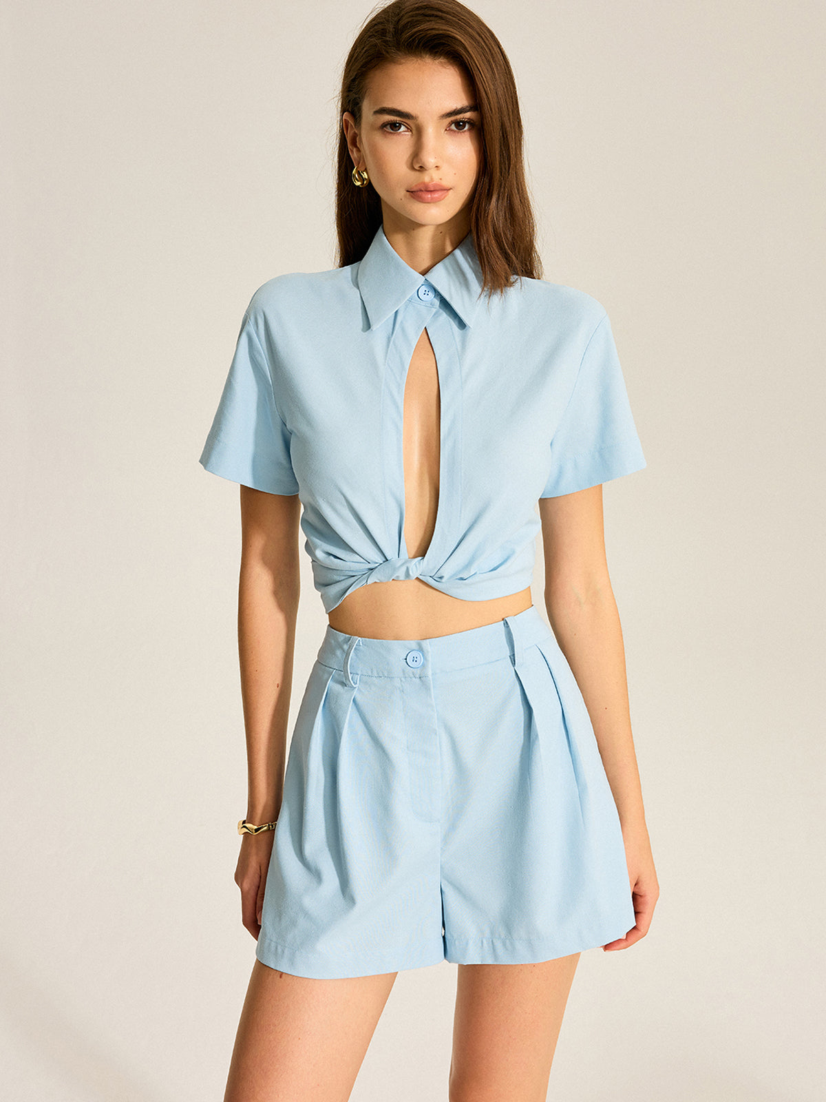 Tie-Front Cropped Shirt and Pocketed Shorts Set