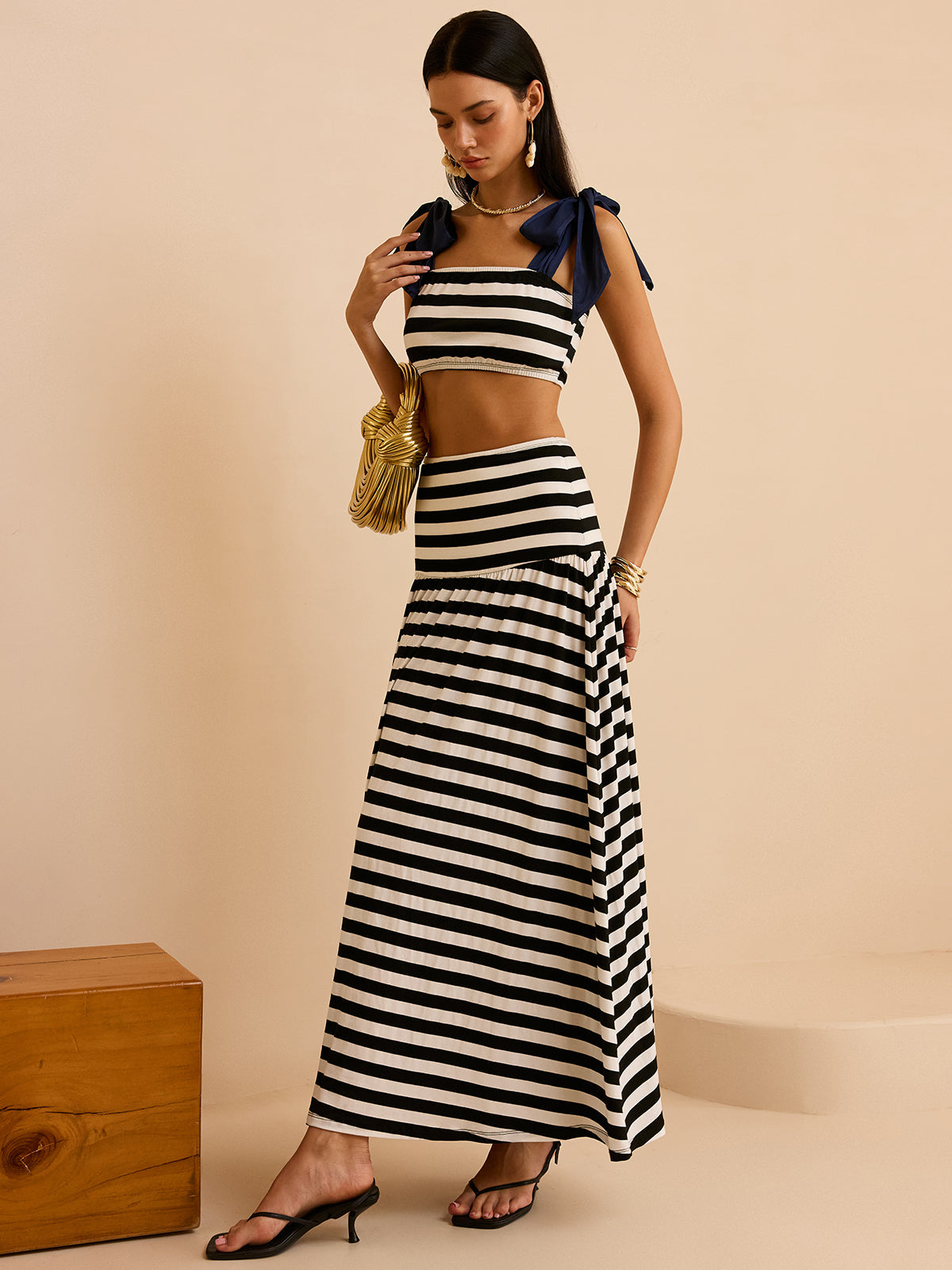 Striped Skirt Set with Bow Straps