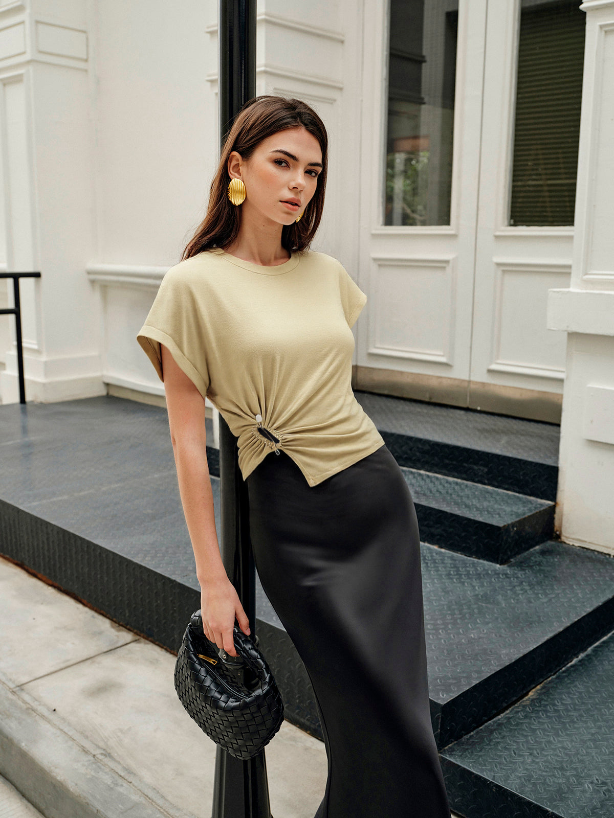 Asymmetrical Ruched Top with Decorative Pin