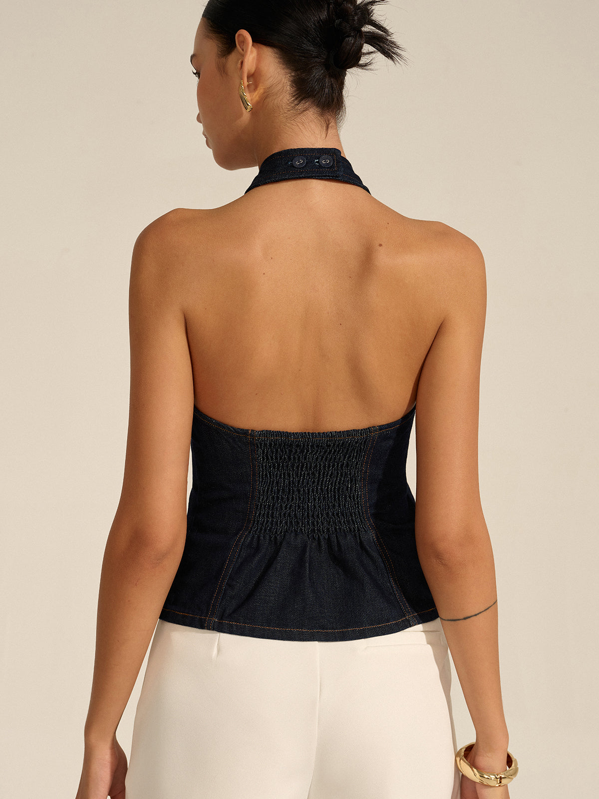 Denim Halter Crisscross-Strap Backless Top
