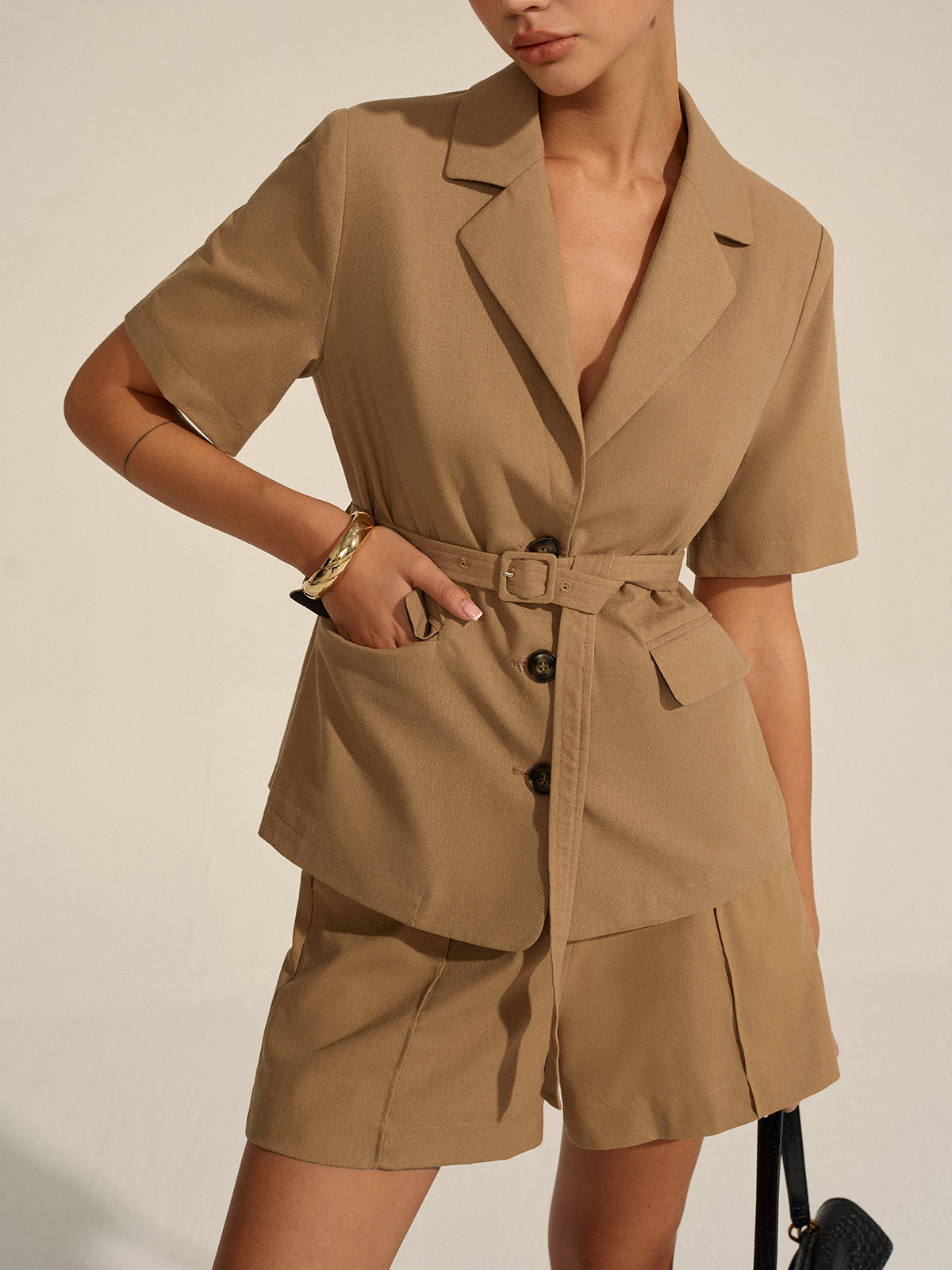 Short-Sleeved Belted Blazer Shorts Set