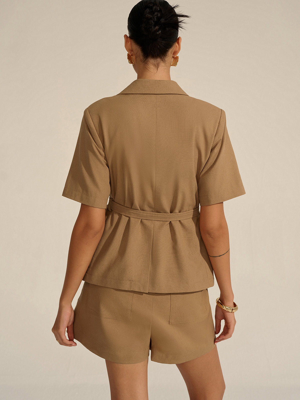 Short-Sleeved Belted Blazer Shorts Set