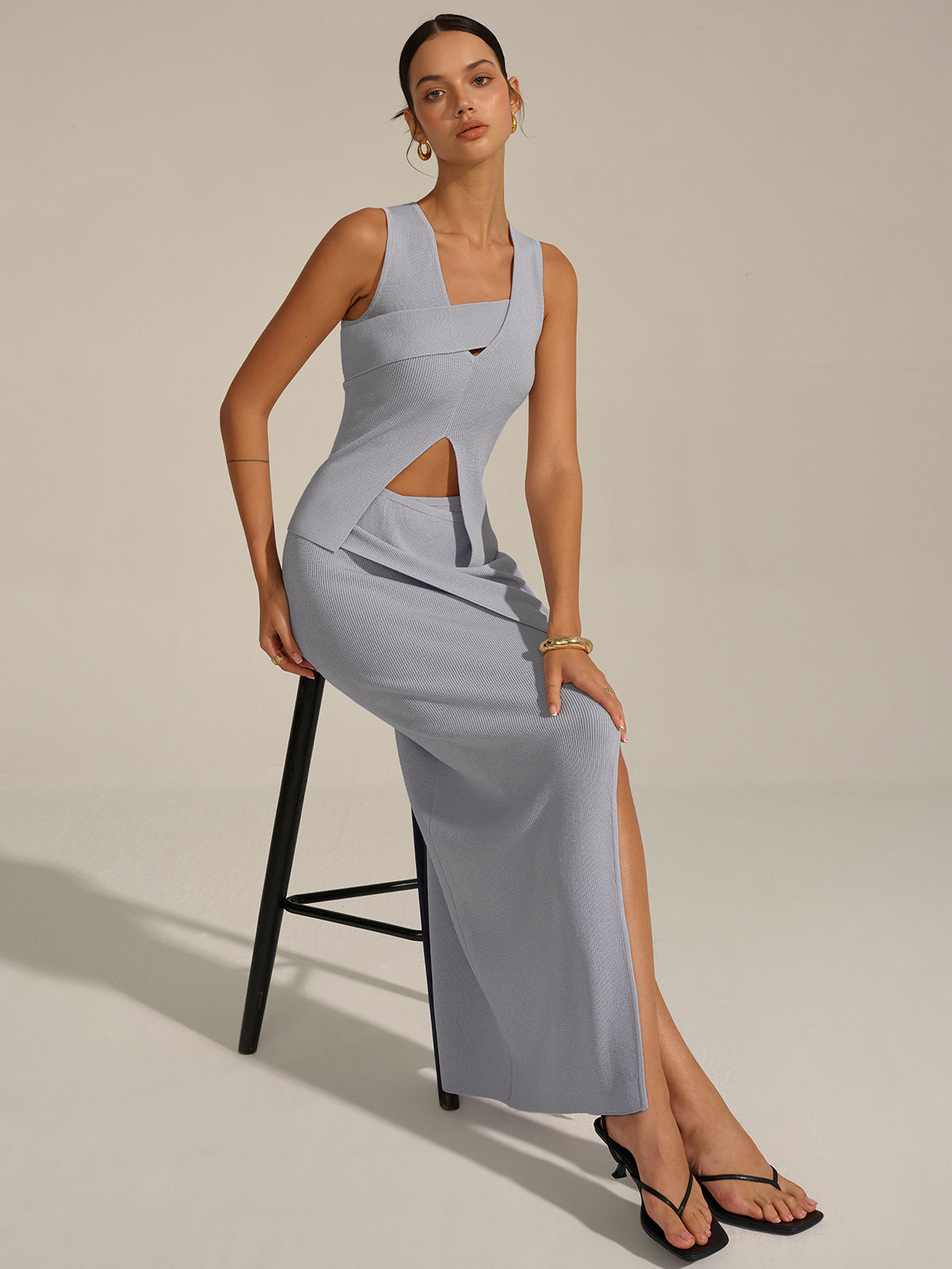 Asymmetrical Slit Knit Skirt Set