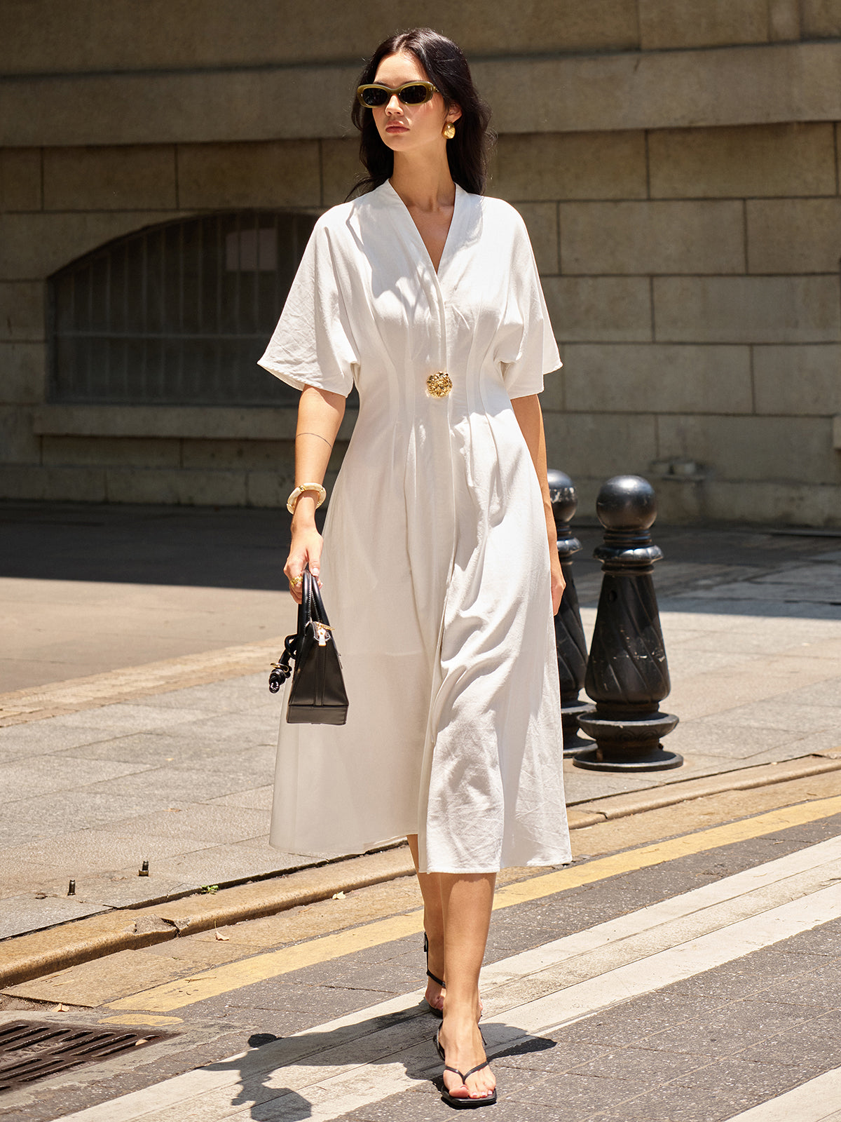 Metal Decor V-Neck Midi Dress