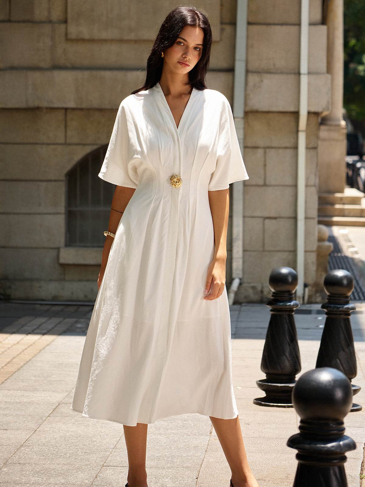 Metal Decor V-Neck Midi Dress