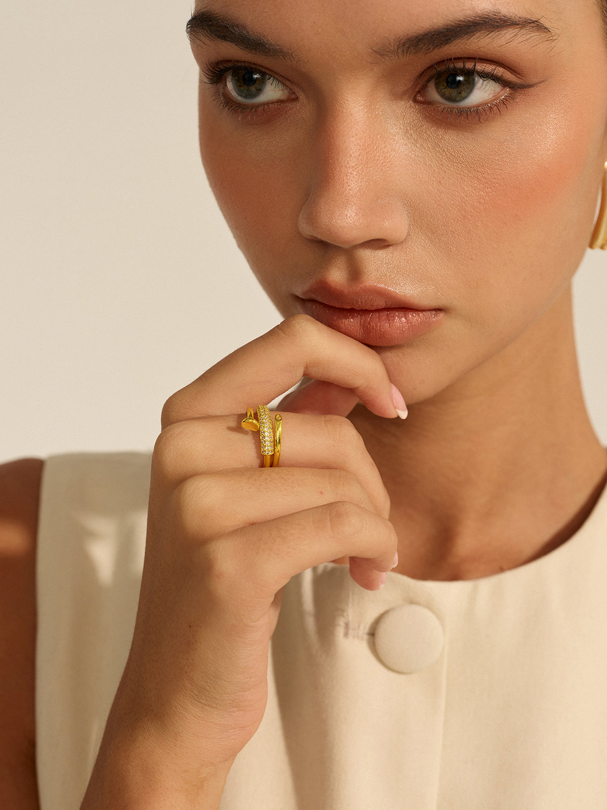 Gold Toned Stack Ring with Diamond-Like Details