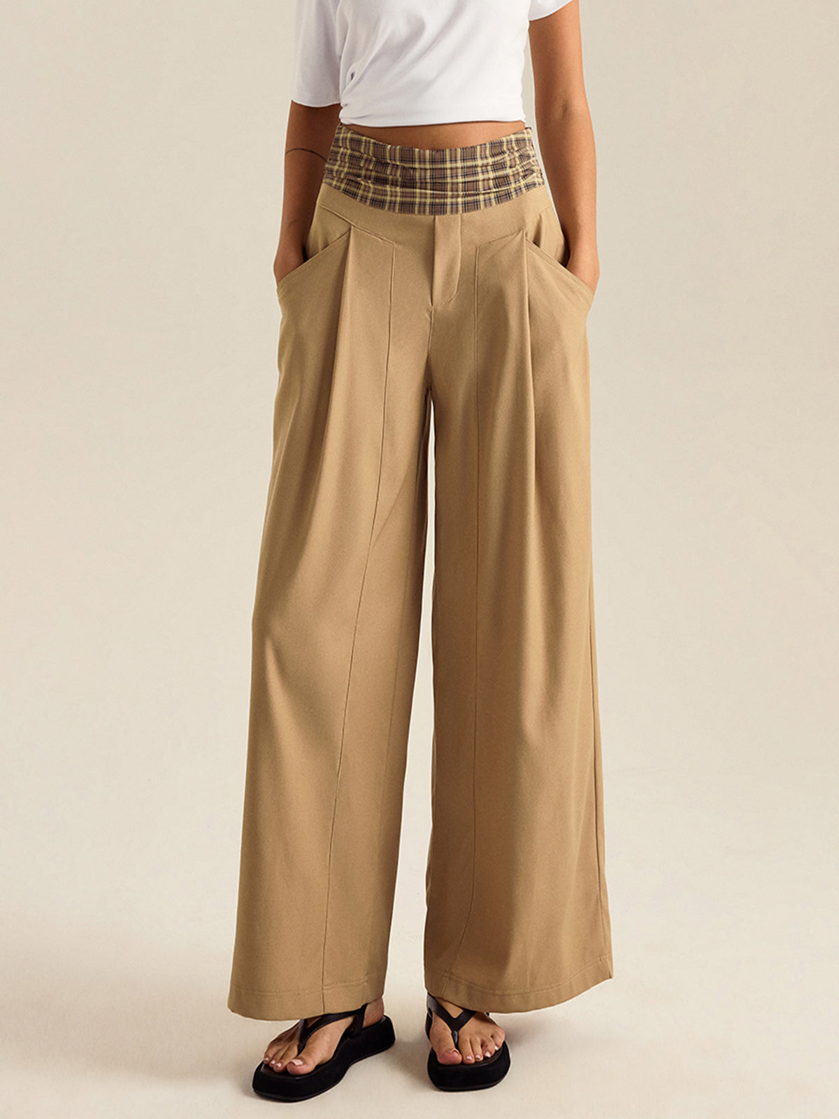Pocketed Gingham Wide-Leg Pants