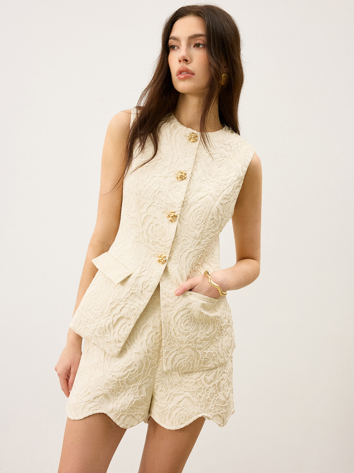 Textured Jacquard Vest with Metal Button