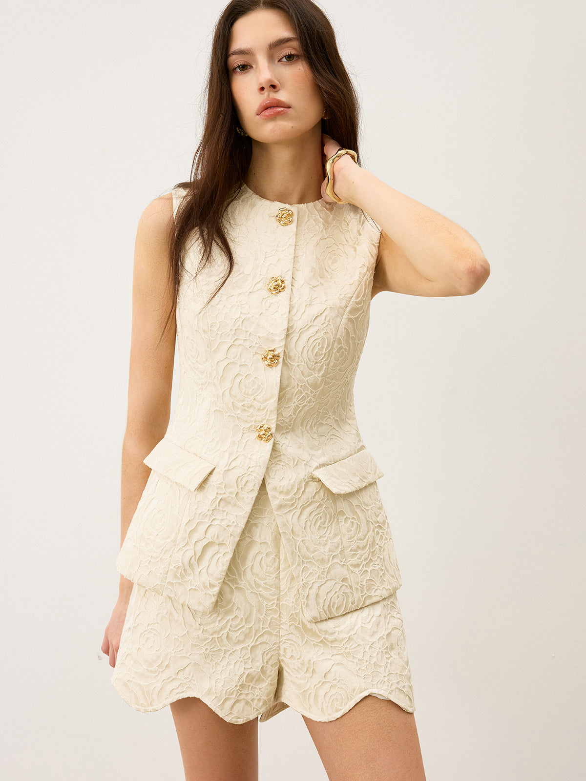 Textured Jacquard Vest with Metal Button