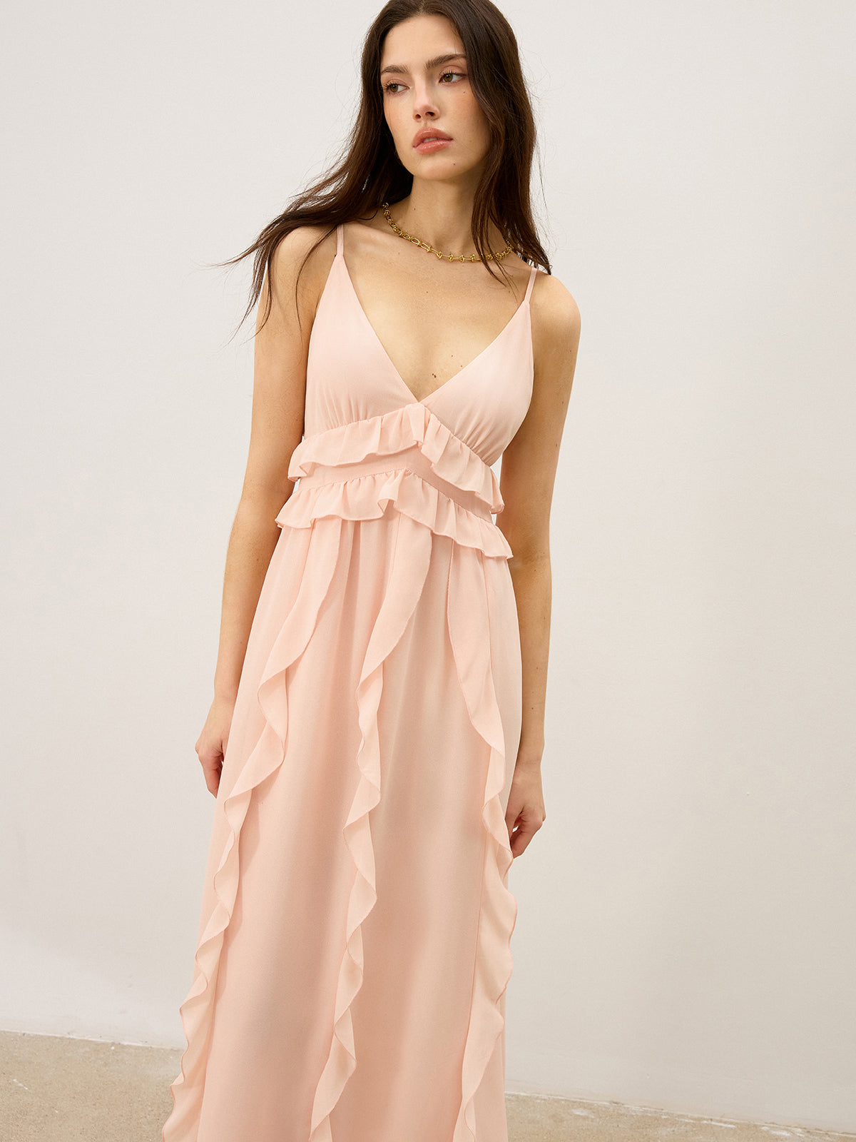 Chiffon Ruffle Trim Maxi Dress