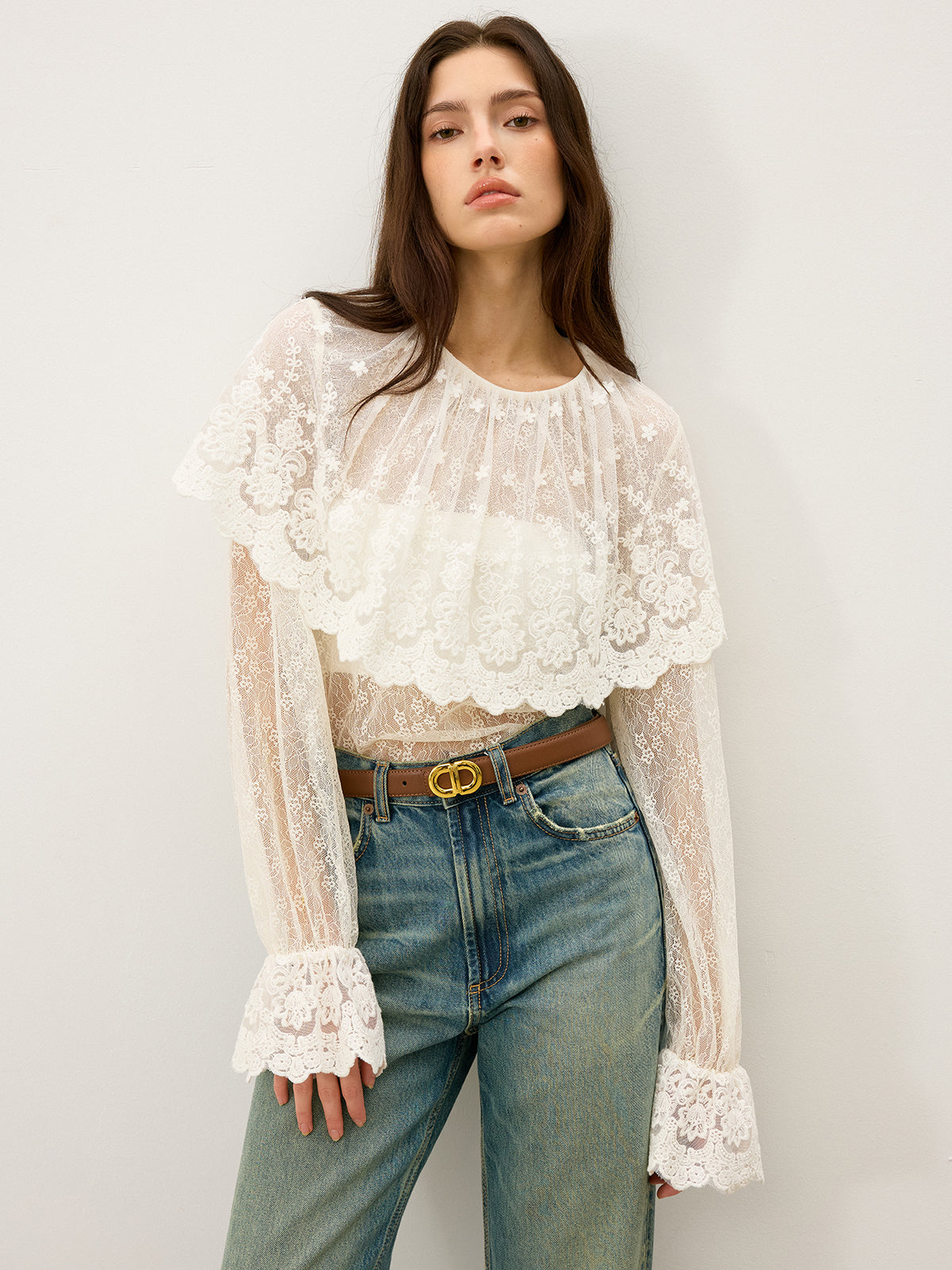 Semi-Sheer Ruffle-Trimmed Lace Flared-Sleeve Blouse