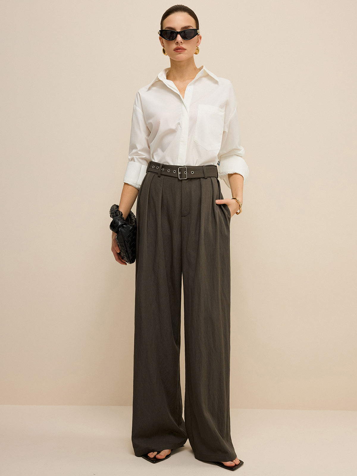 Army Green Belted Pleated Wide-Leg Pants