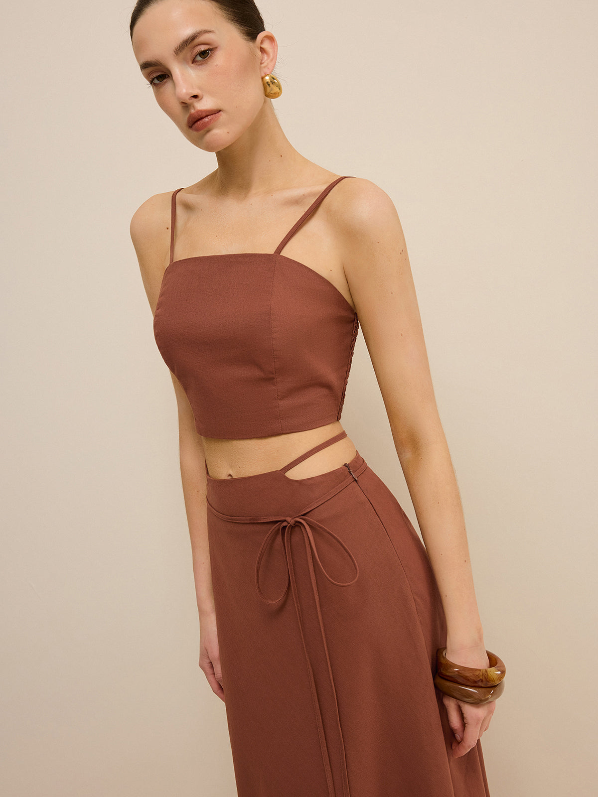 Cut-Out Waist Tie-Detail Skirt Set