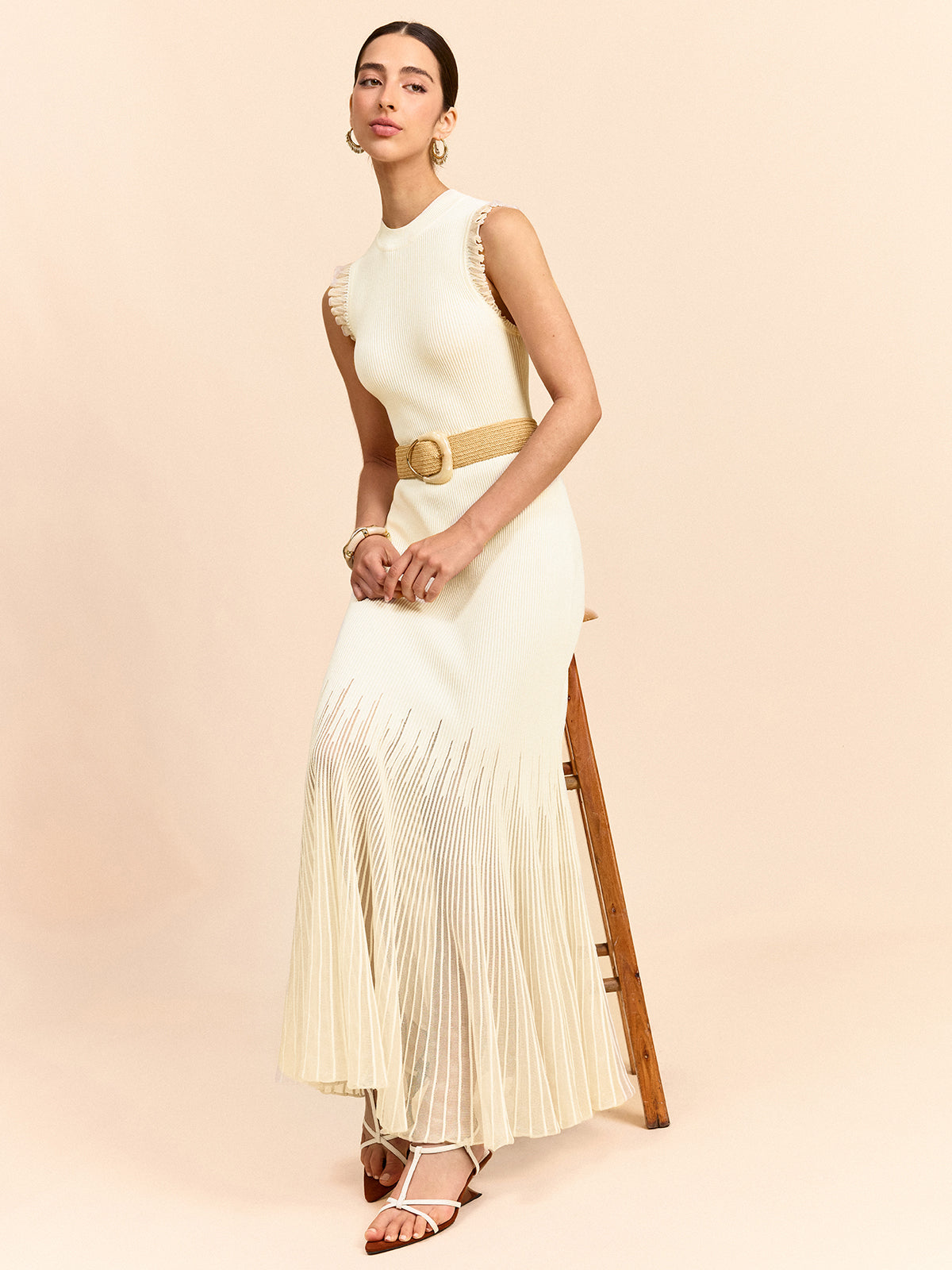 Tulle-Paneled Ruffled Knit Maxi Dress