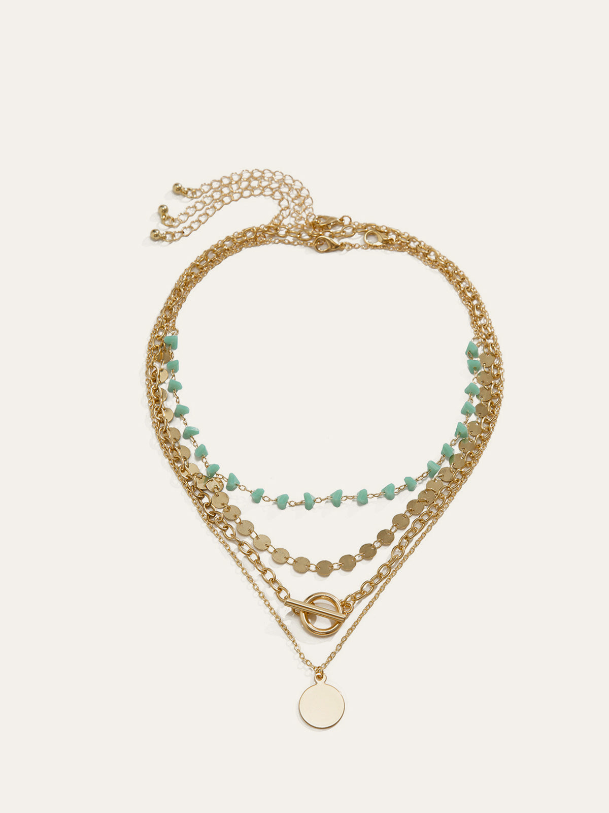 Layered Gold-Chain Necklace With Turquoise Beads And Circular Pendant