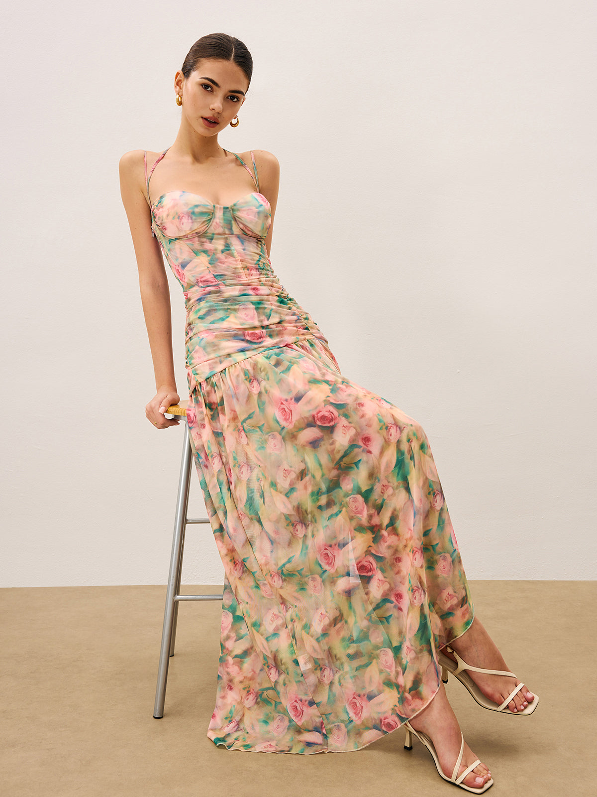 Floral Print Ruched Cami Dress With High Split