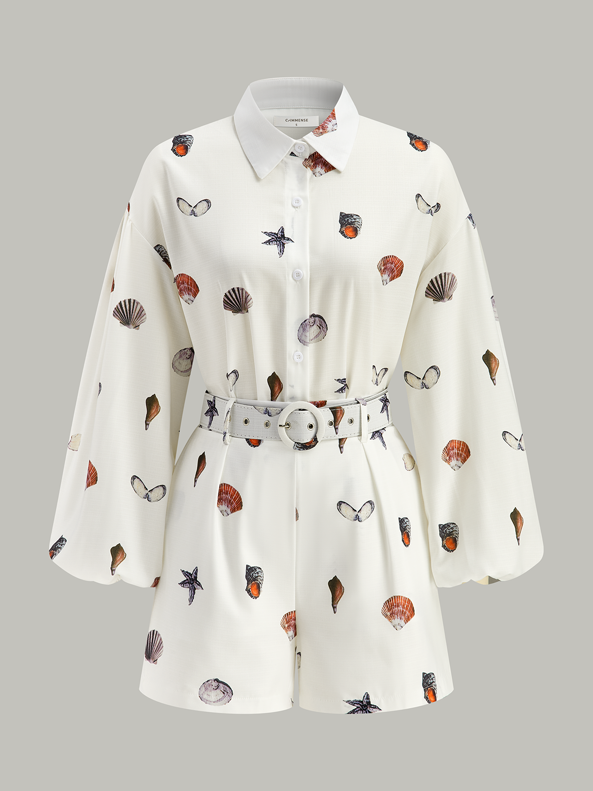 Belted Seashell Print Romper