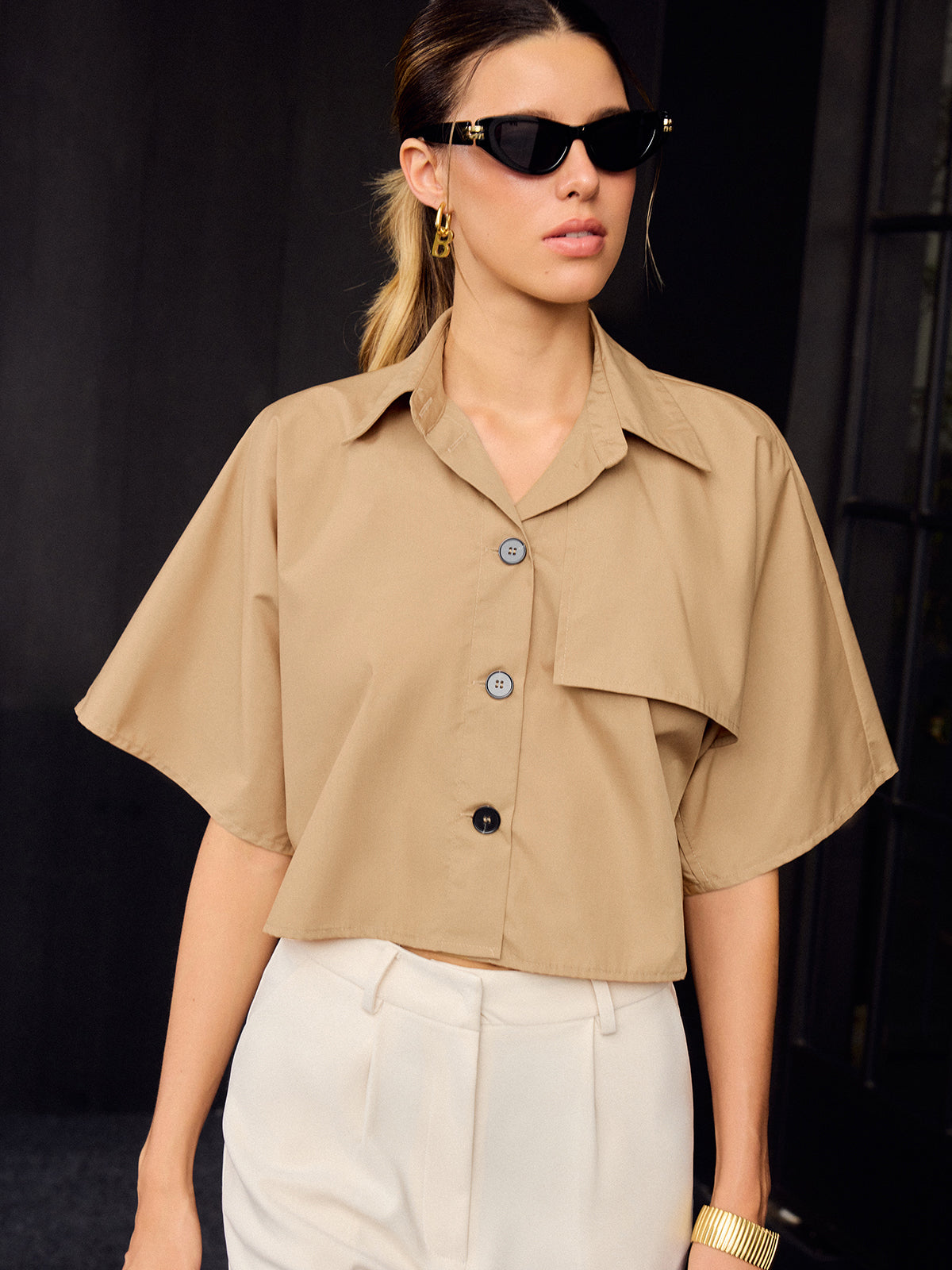Asymmetric Cropped Shirt with Button Front