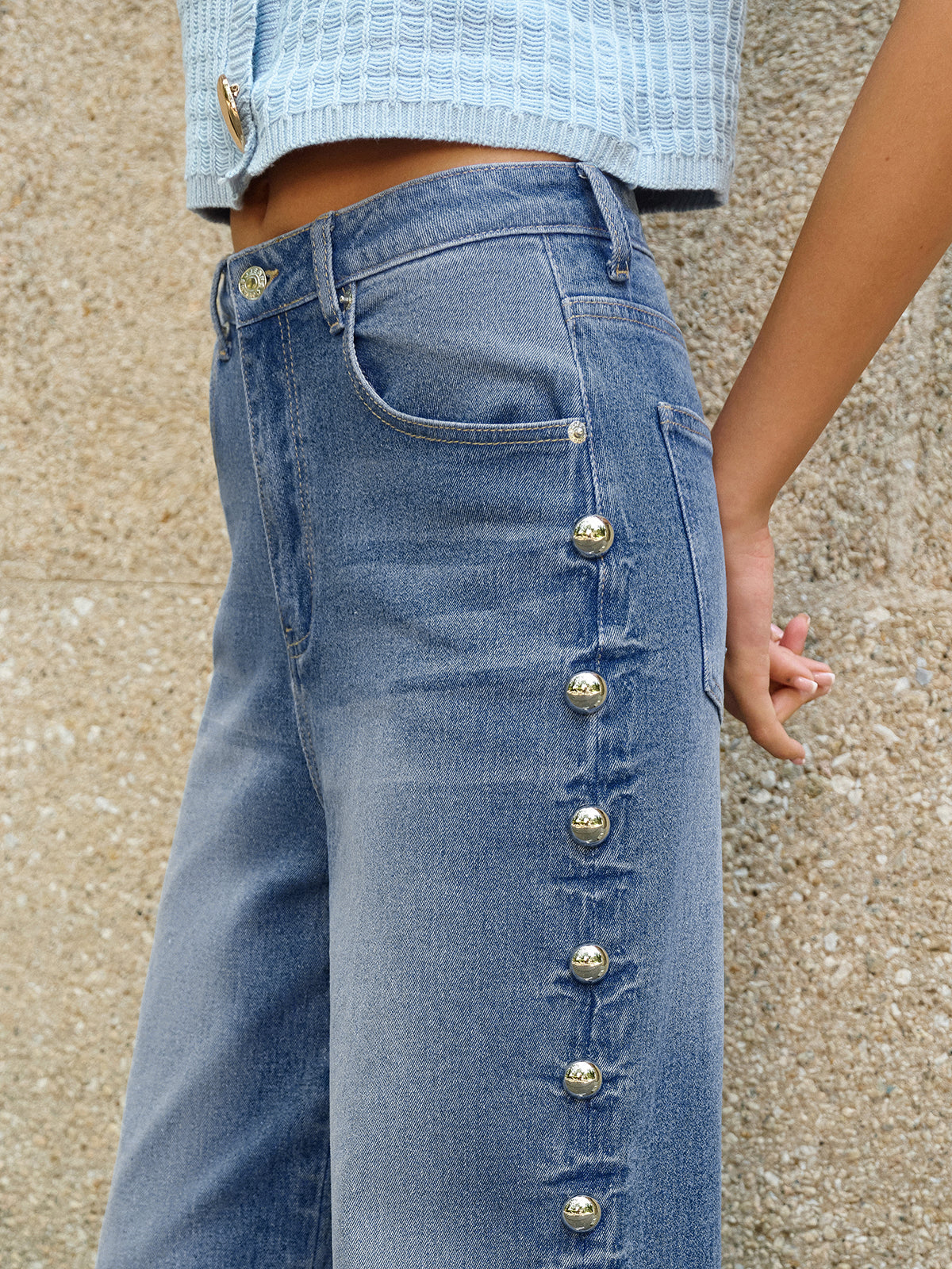Buttoned Side Detail Pocketed Jeans