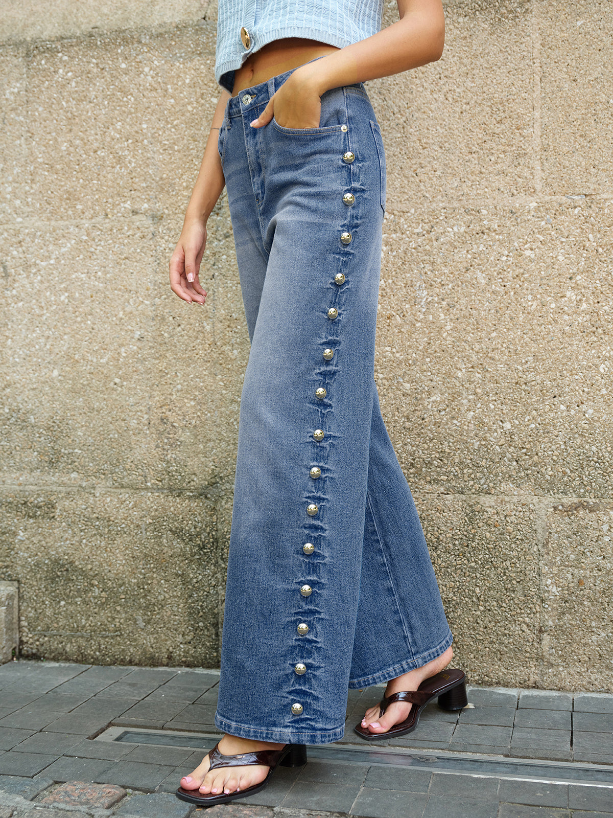 Buttoned Side Detail Pocketed Jeans