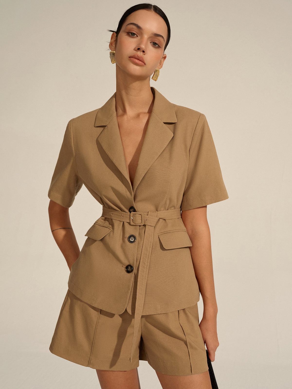 Short-Sleeved Belted Blazer Shorts Set