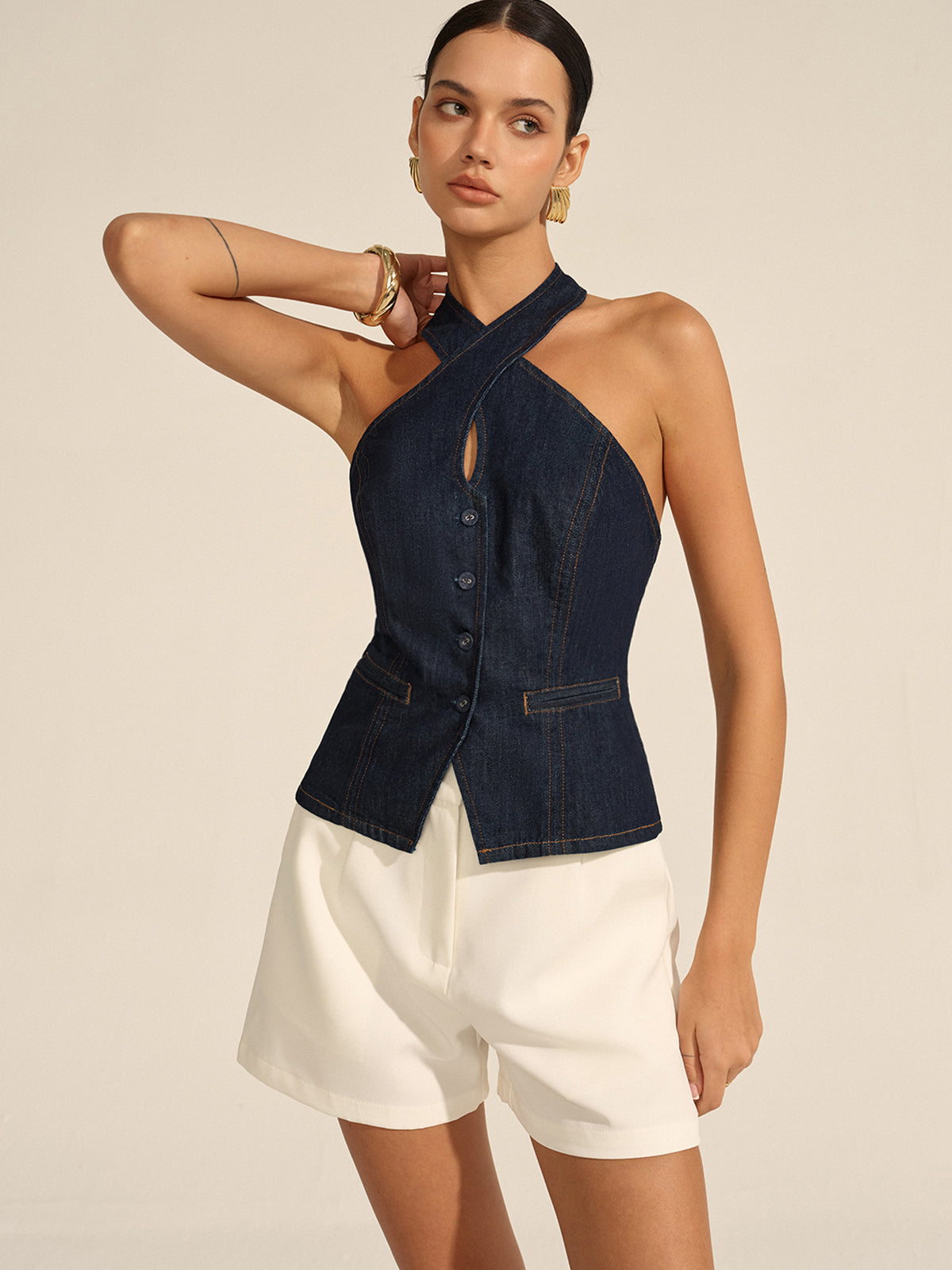 Denim Halter Crisscross-Strap Backless Top