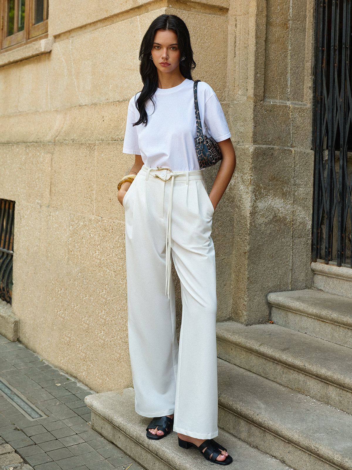 Belted High-Waisted Wide-Leg Pants