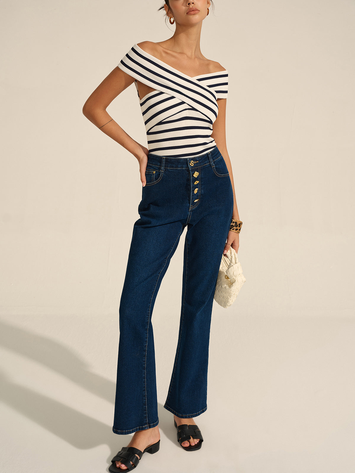 Striped Off-Shoulder Cross Knit Top