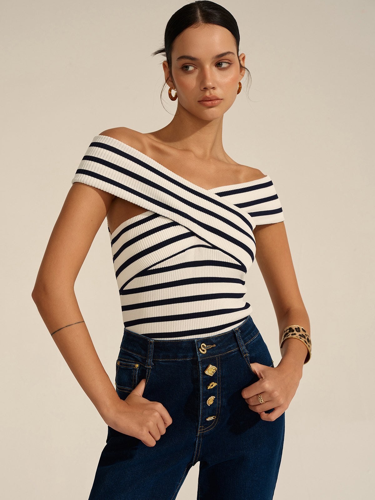 Striped Off-Shoulder Cross Knit Top