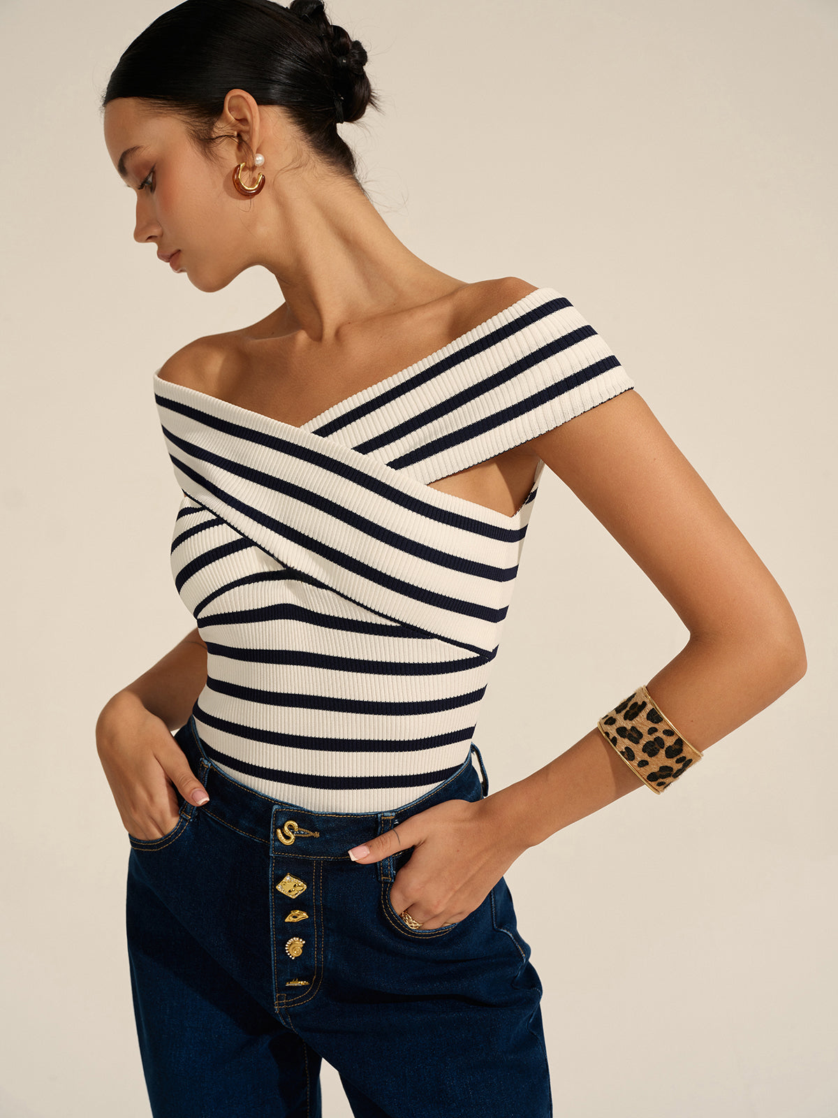 Striped Off-Shoulder Cross Knit Top