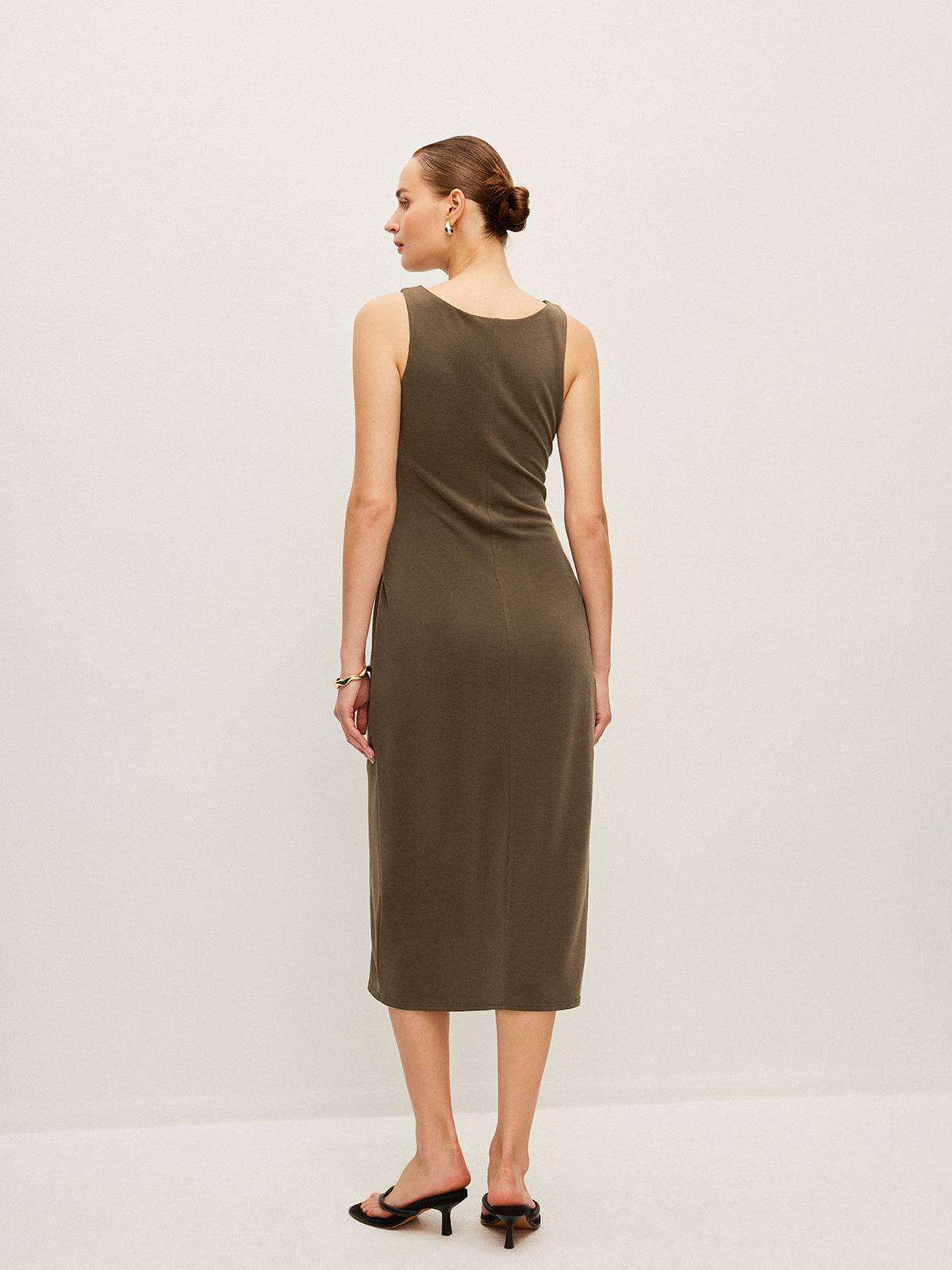 Metal Buckle Detail Shirred Waist Sleeveless Dress