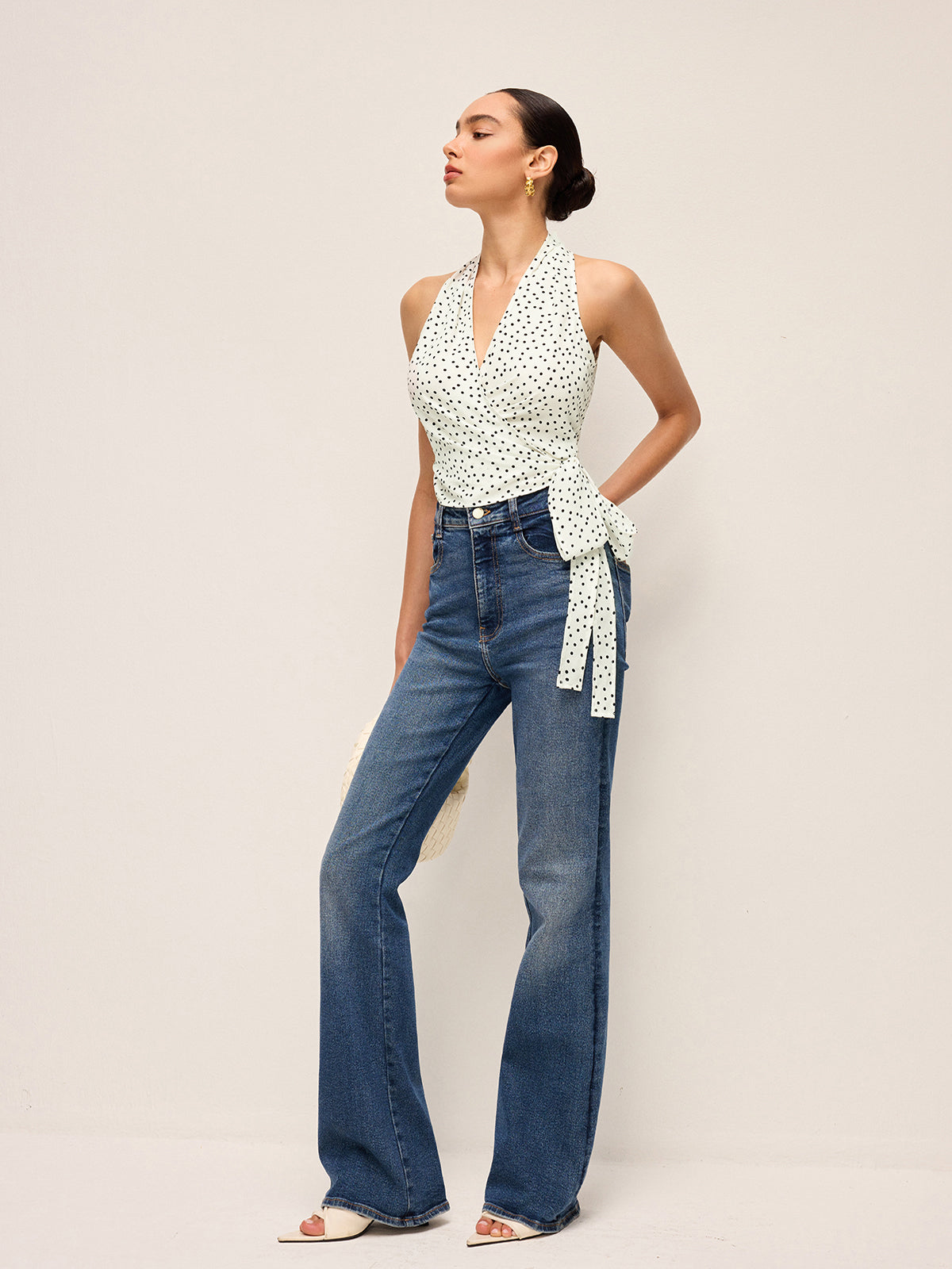 Semi-Sheer Polka Dot Wrap Halter Top