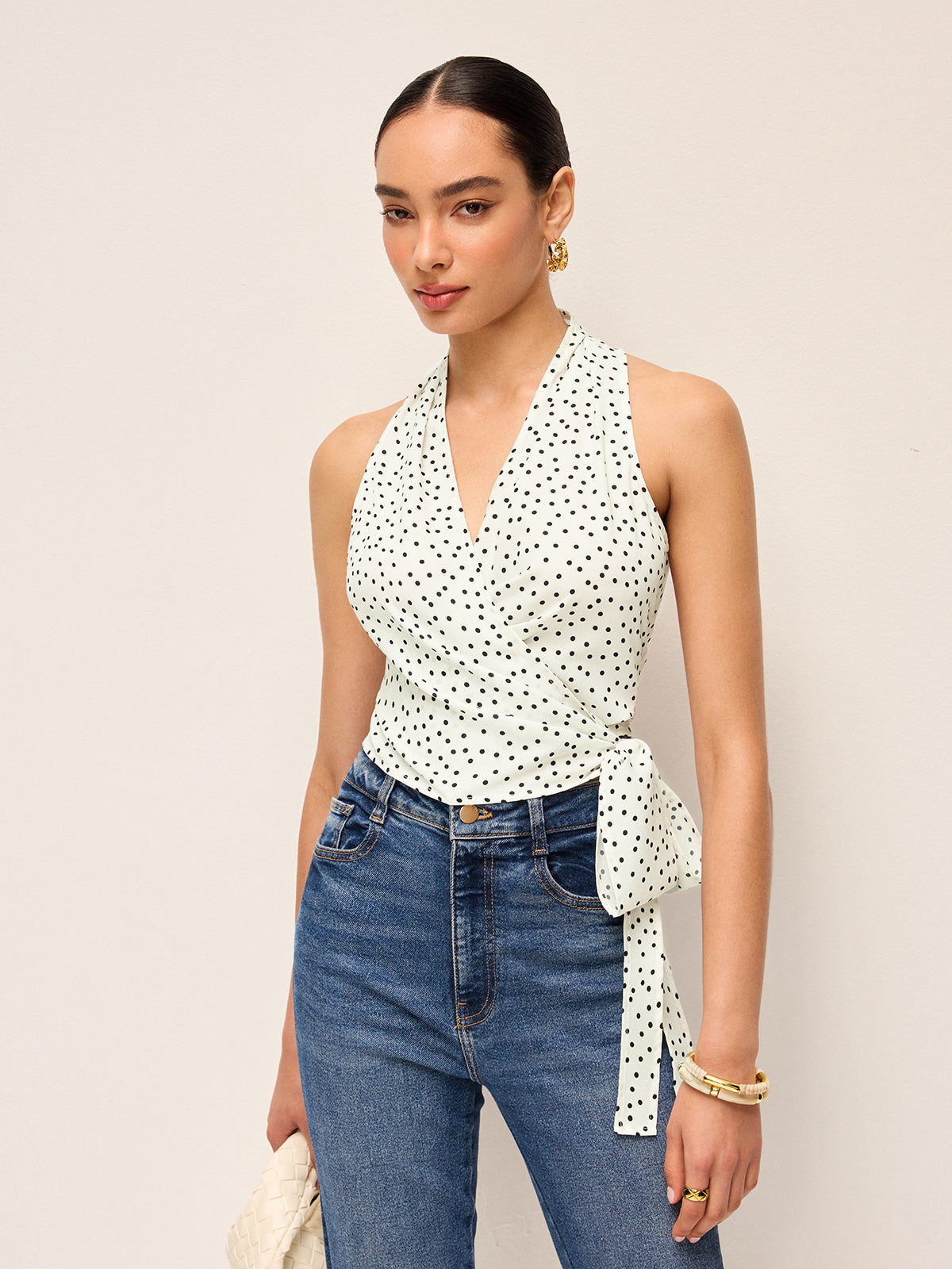 Semi-Sheer Polka Dot Wrap Halter Top