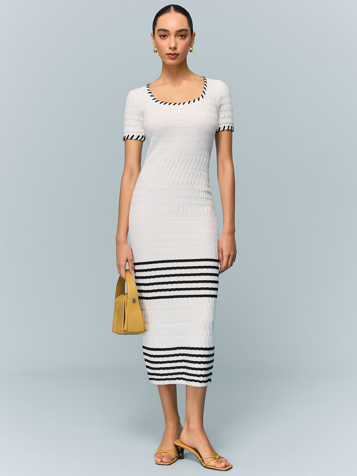 Textured Knit Midi Dress with Striped Hem