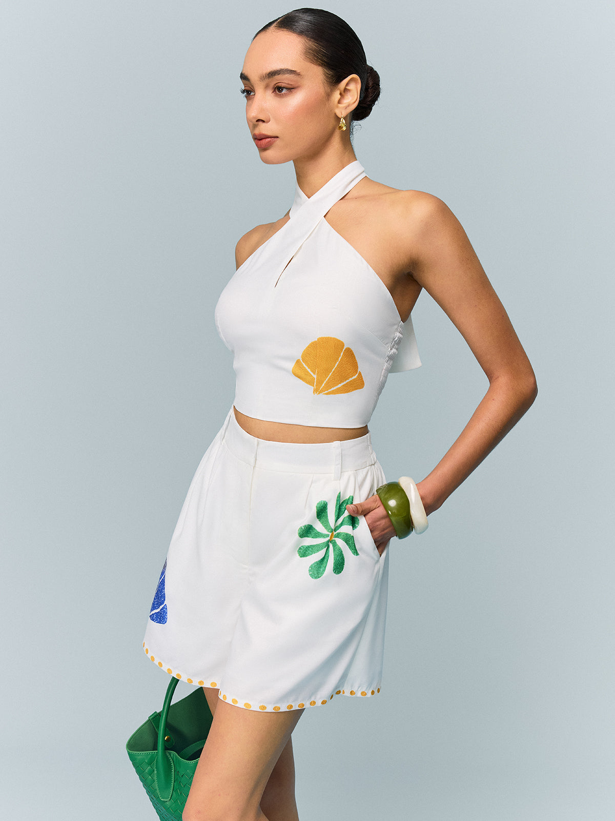 Halter-Neck Crop Top and Printed Shorts Set