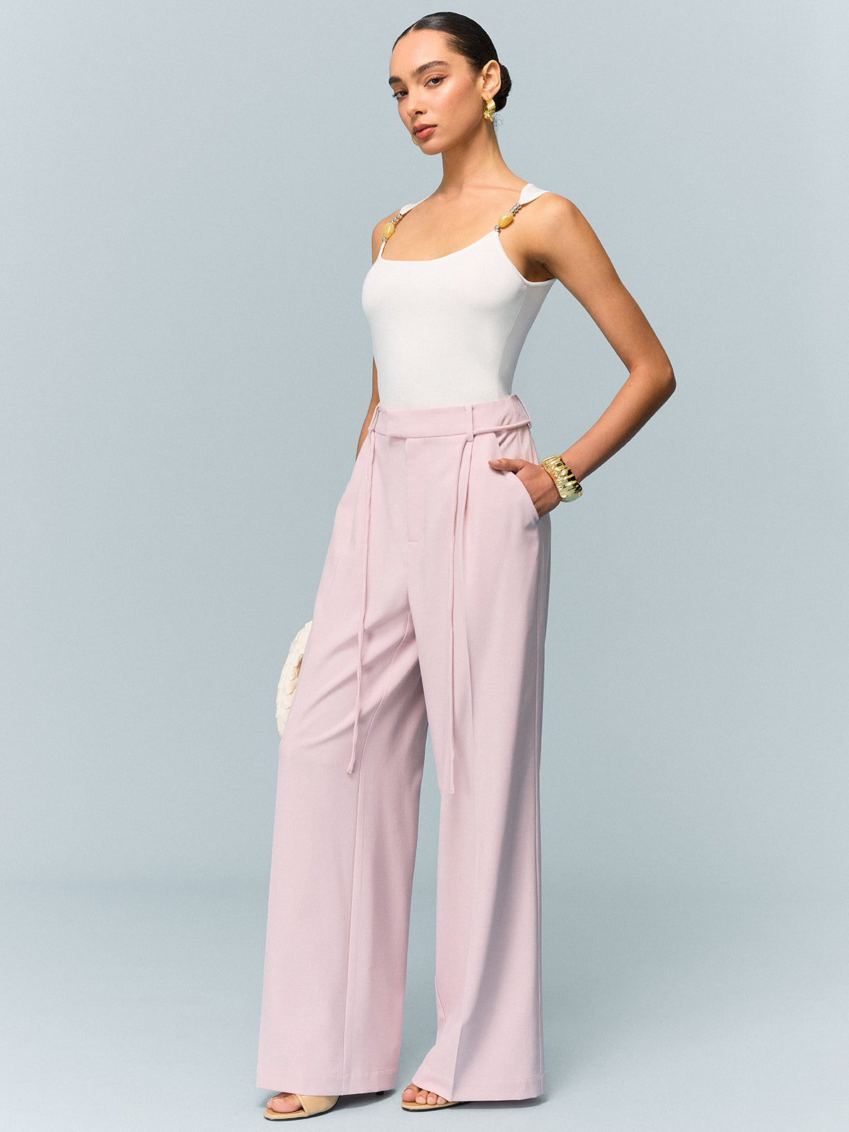 High-Waisted Wide-Leg Pants with Tie Detail