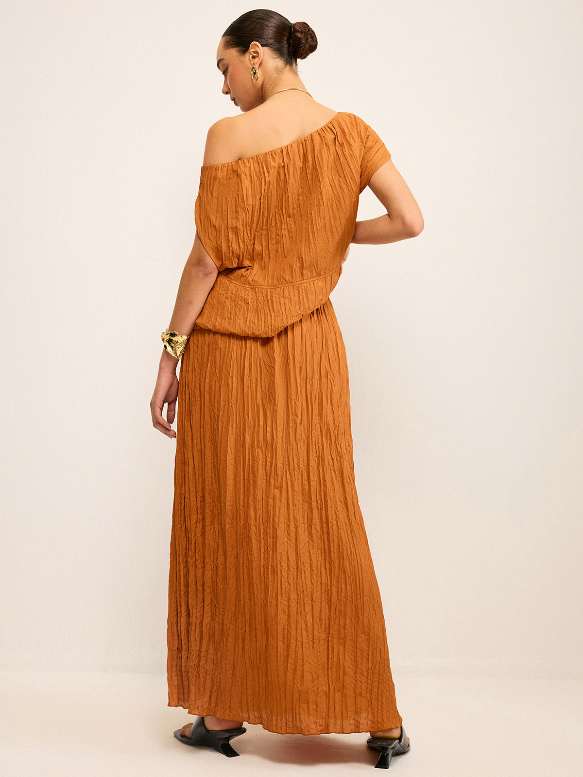 Oversized Textured Off-Shoulder Top and Maxi Skirt Set