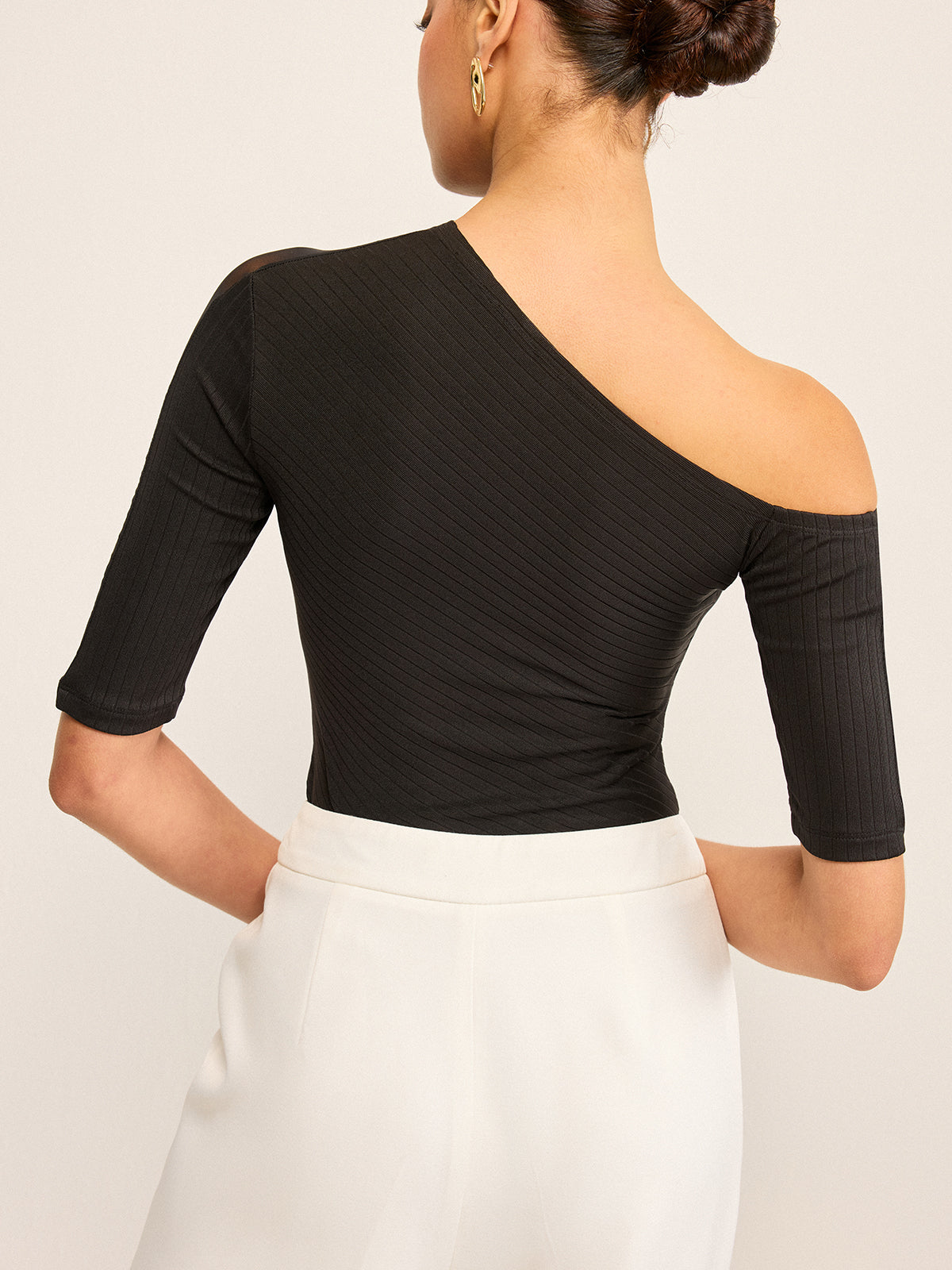 Asymmetrical One-Shoulder Top with Mesh Sleeve
