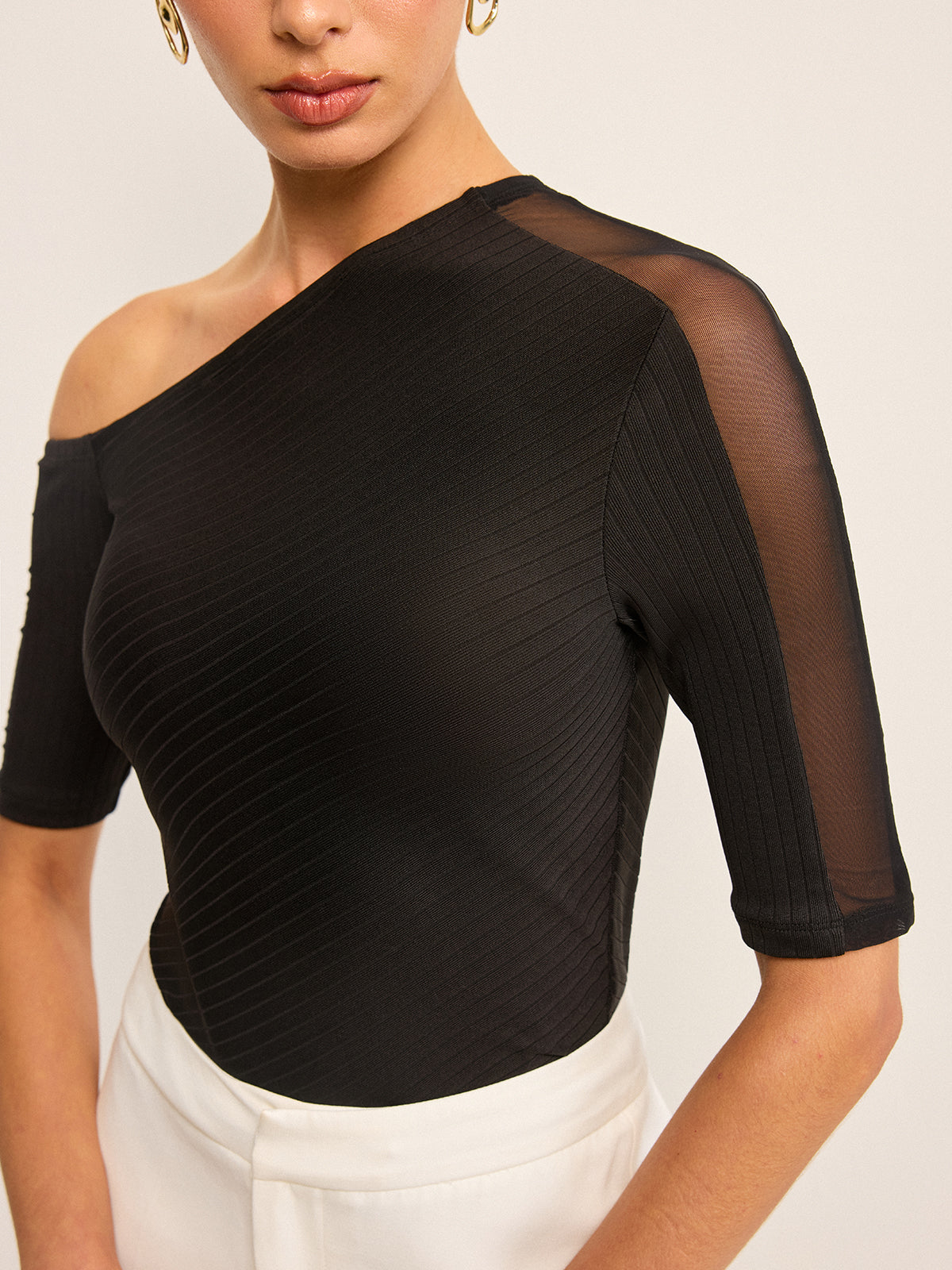 Asymmetrical One-Shoulder Top with Mesh Sleeve