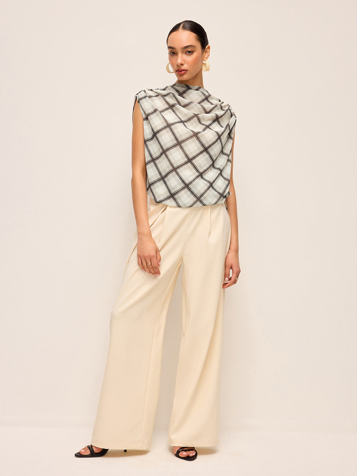 Sleeveless Plaid Open-Back Chiffon Shirt