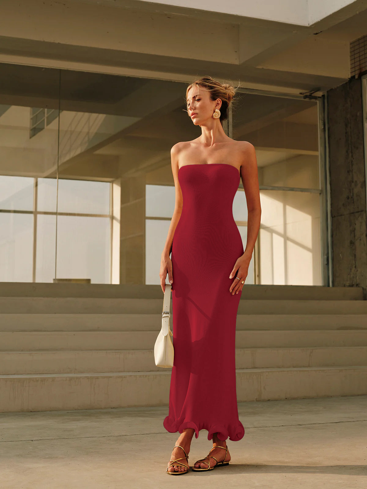 Cold-Shoulder Knit Ruffle Dress